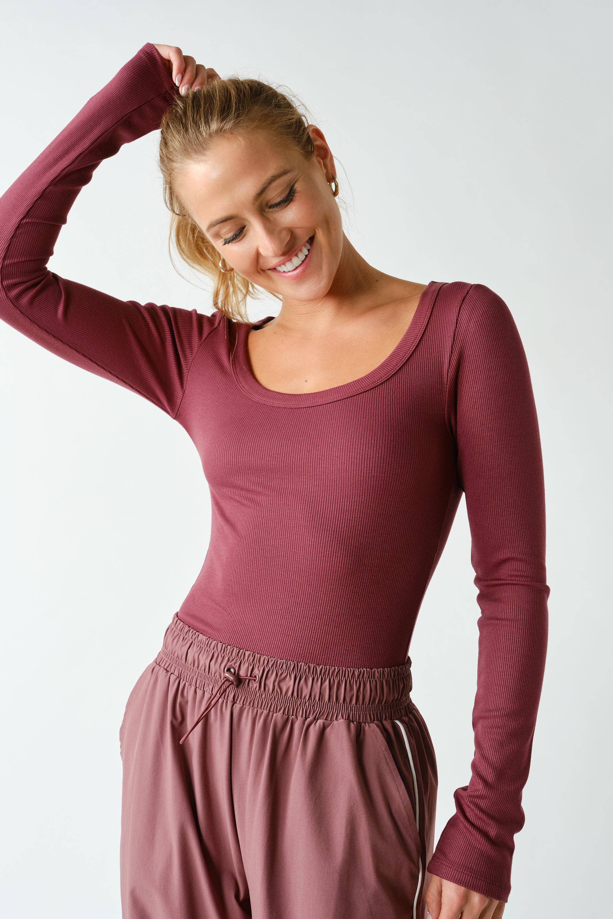 Slim Fit Ribbed Top: Rosewood