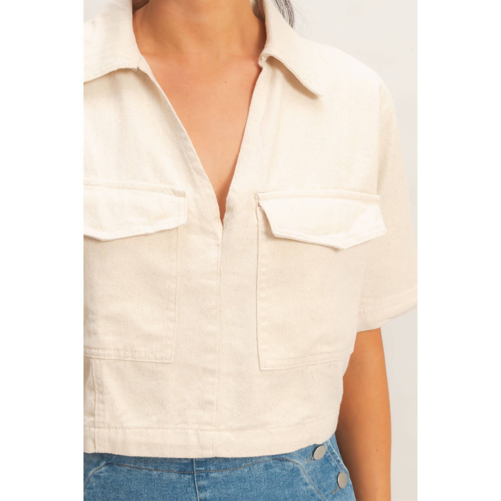Collared V-Neck Top: Oatmeal