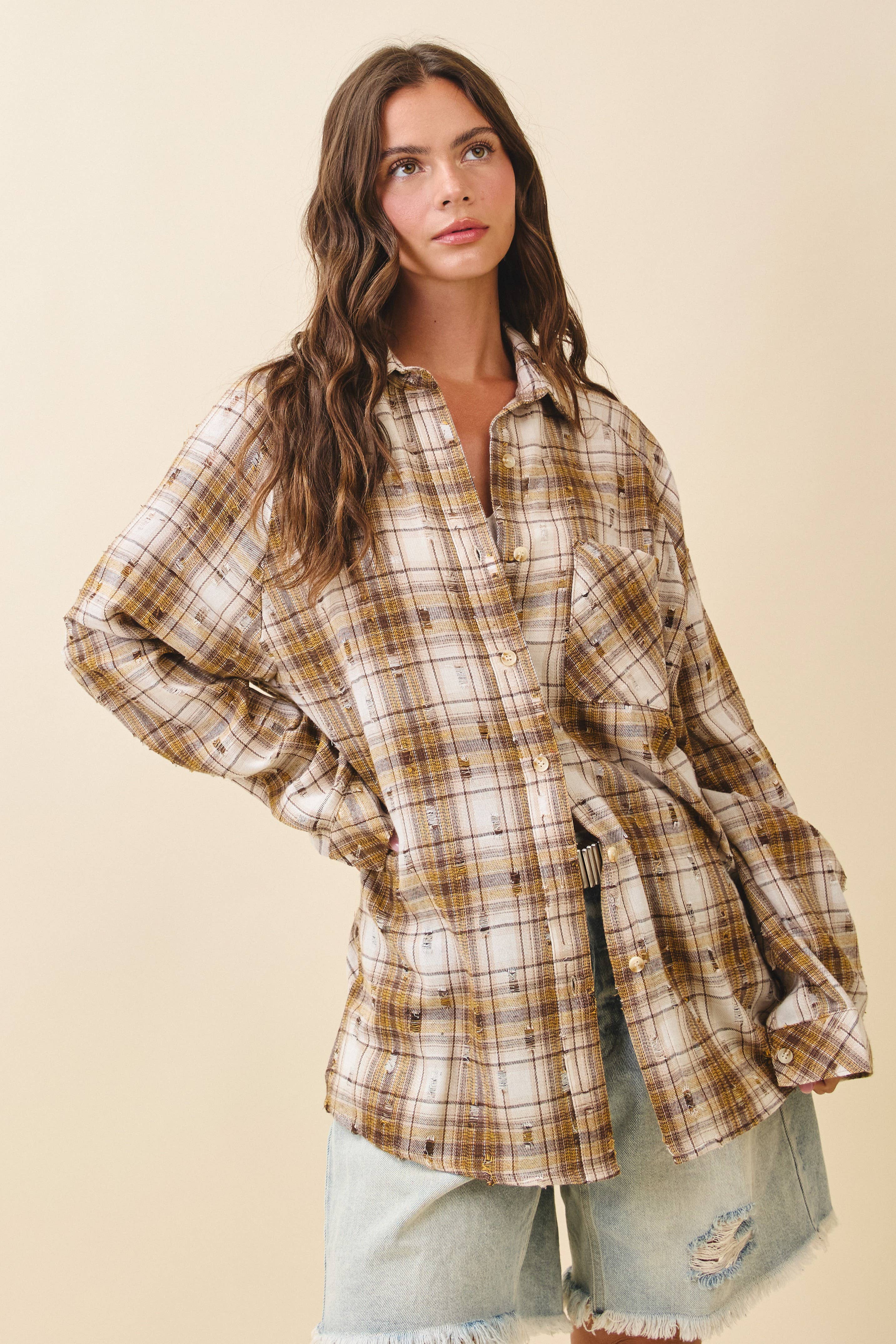 Plaid Button-Down Shirt: Brown