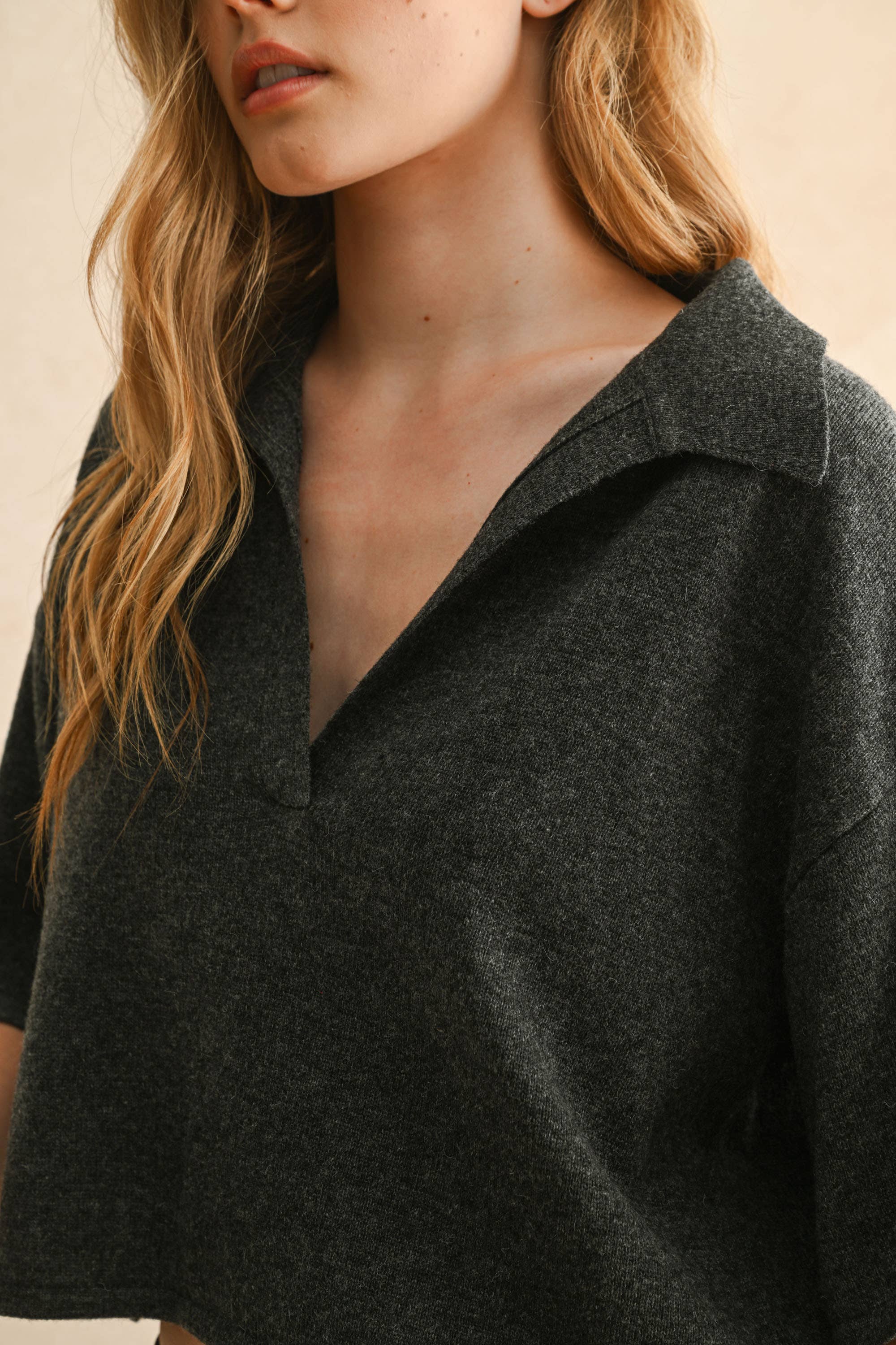 Crop Knit Polo Shirt: Charcoal