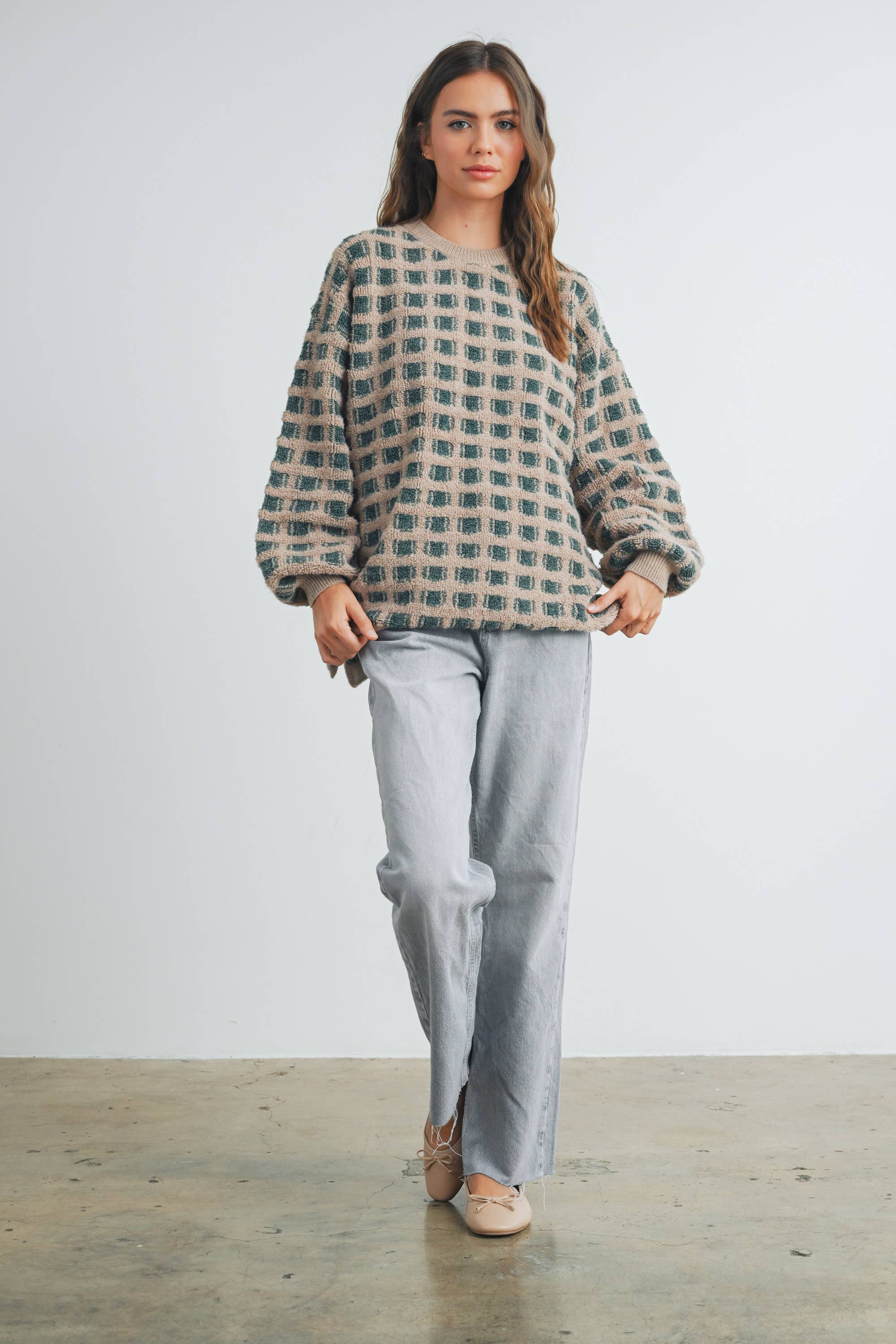 Checkered Sweater: Taupe/Olive