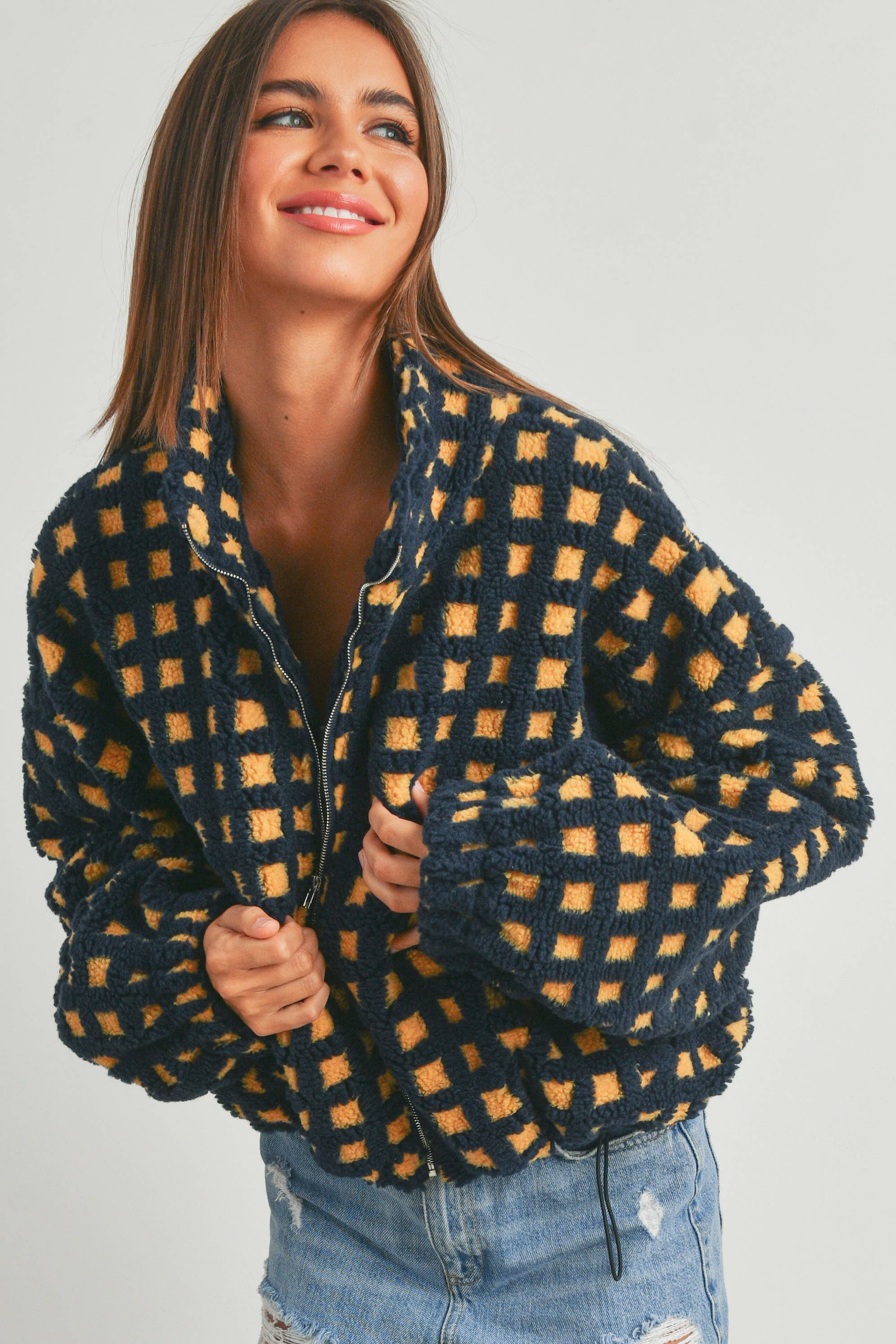 Fuzzy Sherpa Jacket: Navy Multi