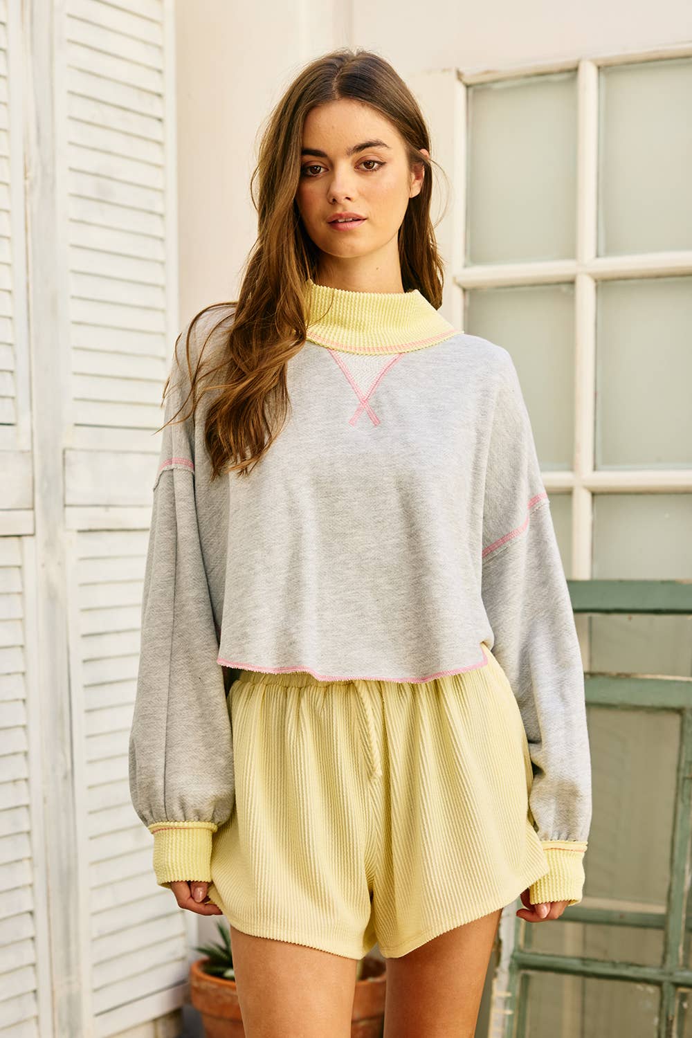 Ribbed Collared Cape Sweatshirt: Yellow