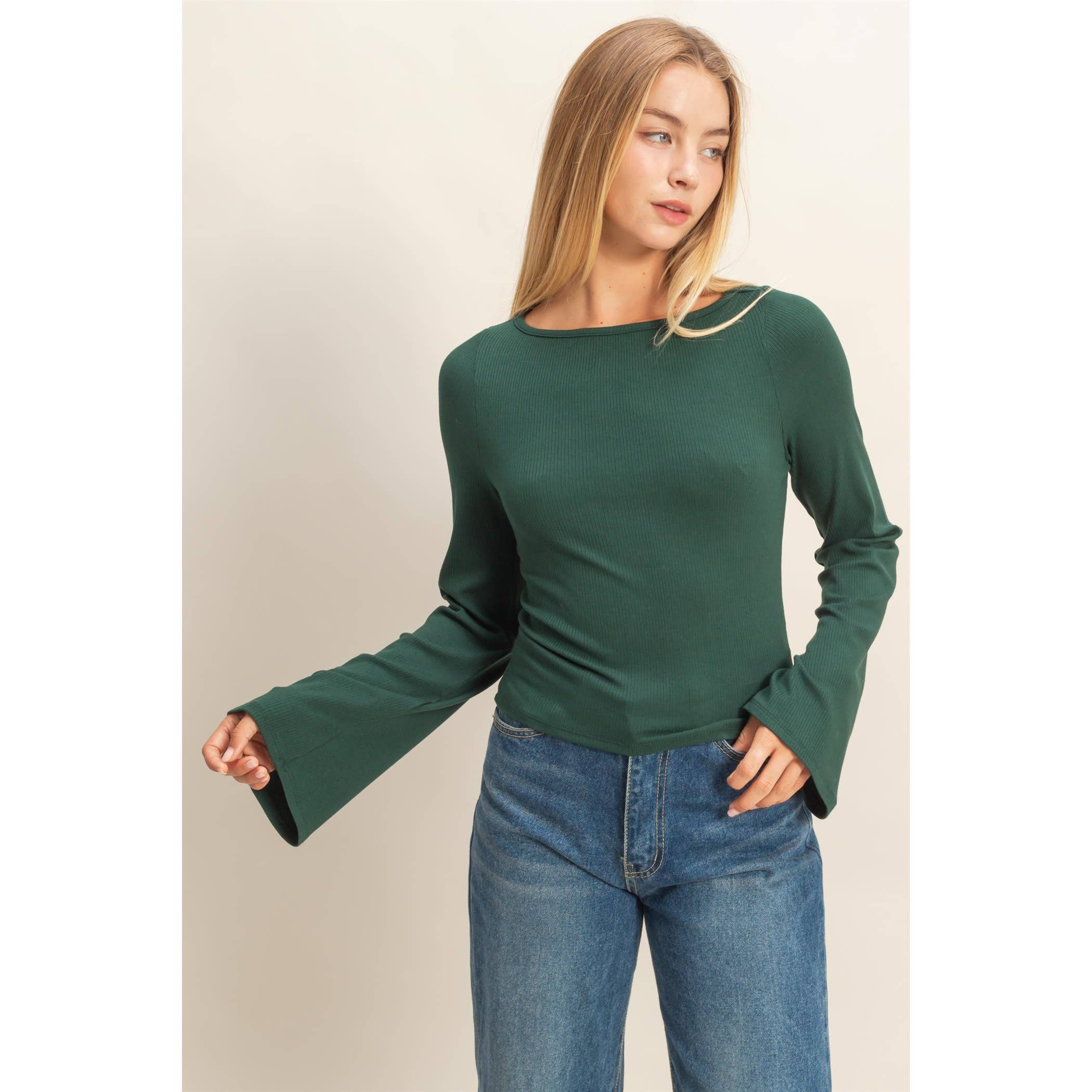 Dark Green Ribbed Knit Top: