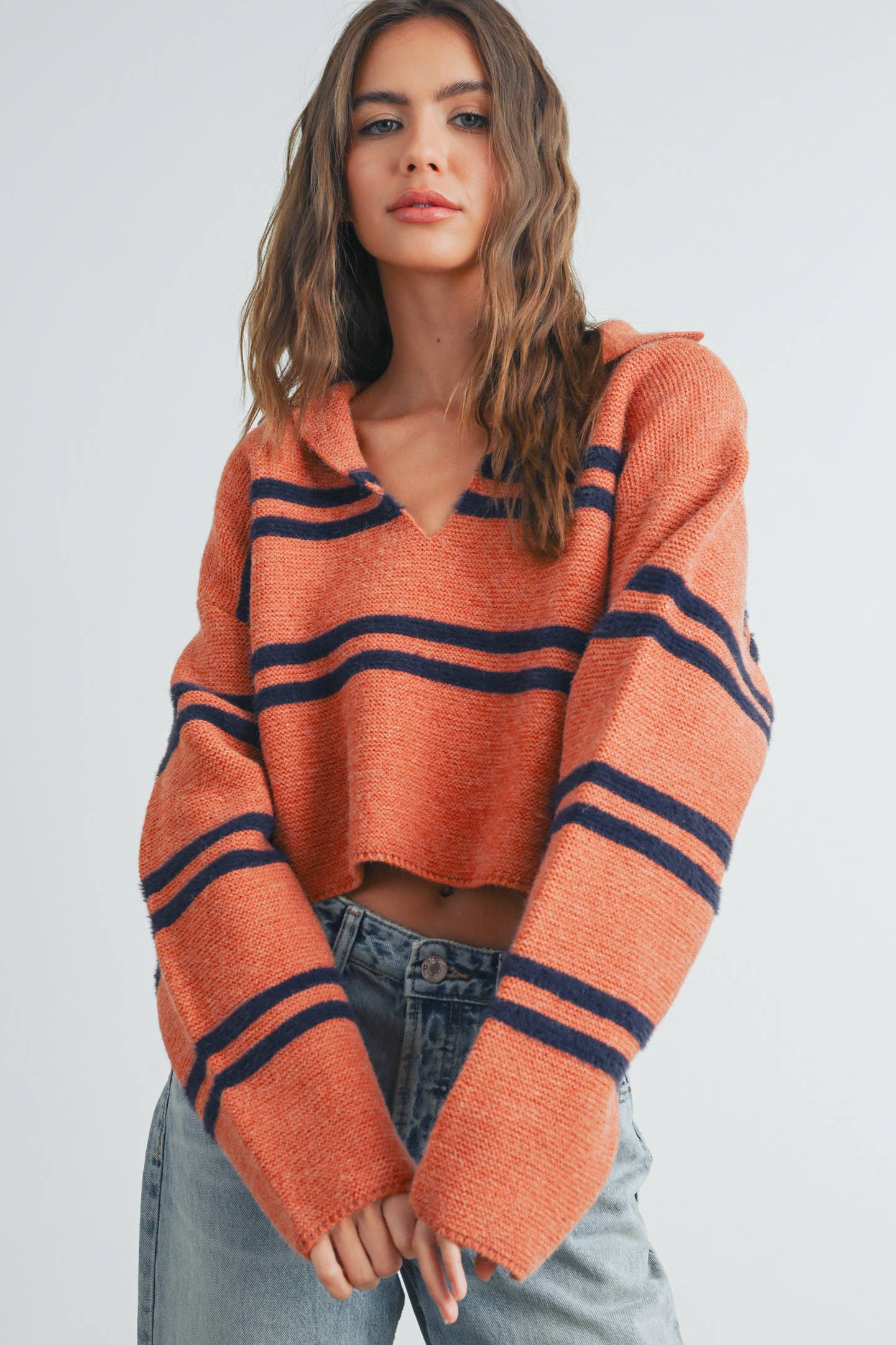 Stripe Crop Collar Sweater-Ivory/Black