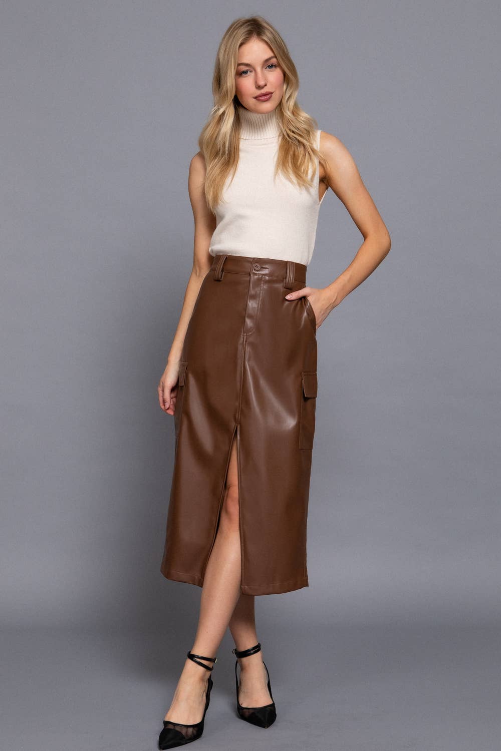 Faux Leather Cargo Skirt: Warm Brown