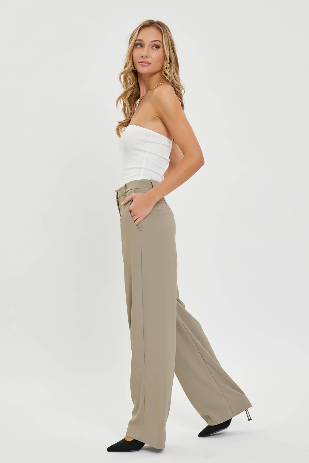 High Rise Trousers:Taupe/Grey
