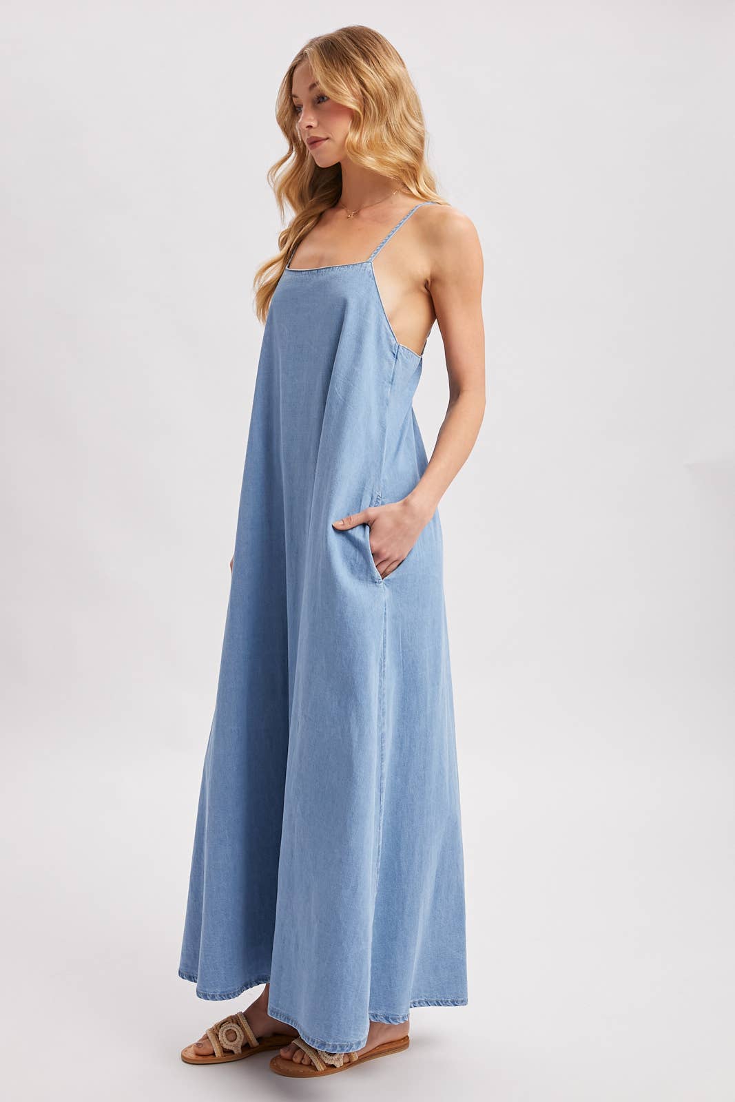 Denim Open Back Dress: Lt.Wash
