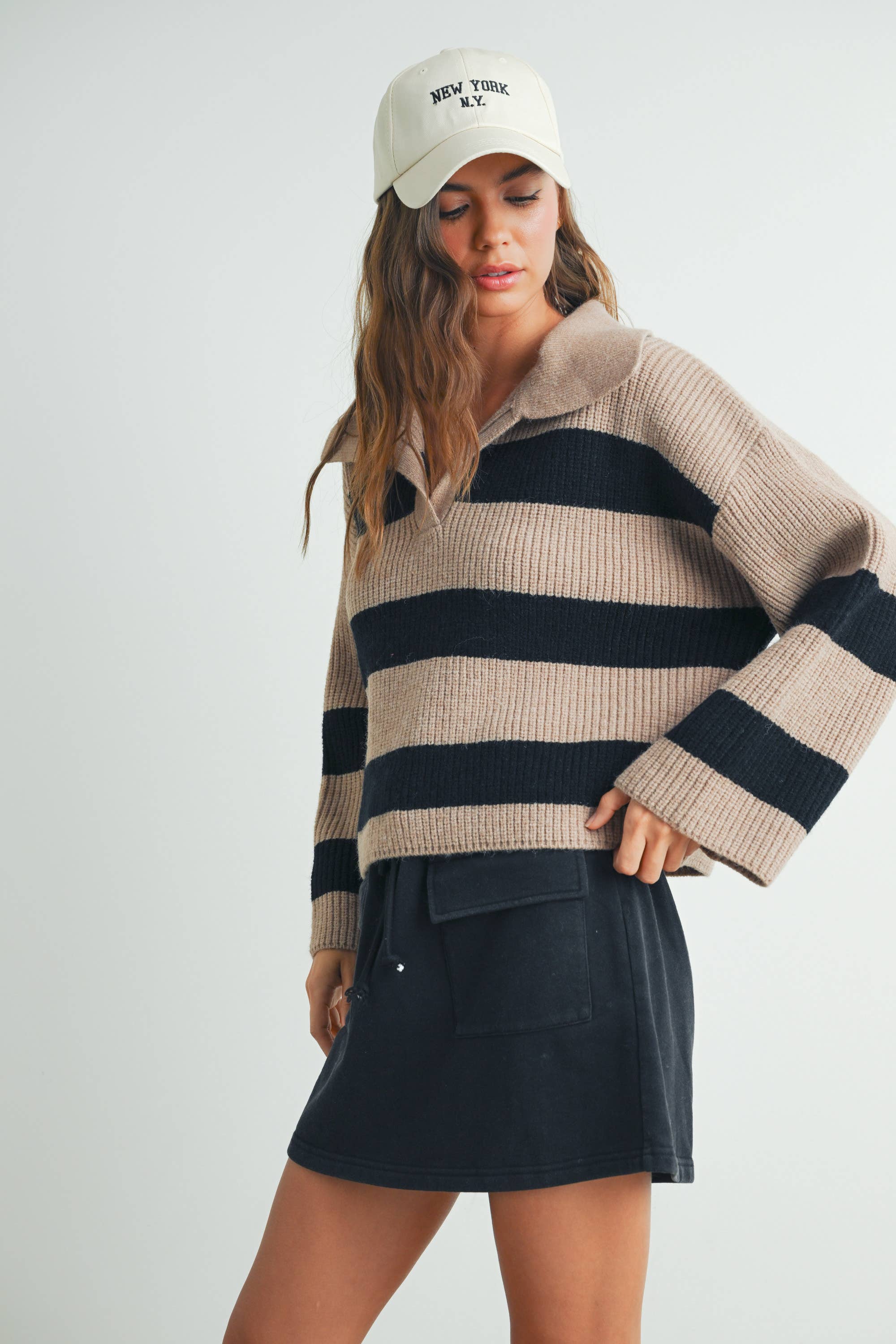 Stripe Wide Collar Sweater - Taupe/Black