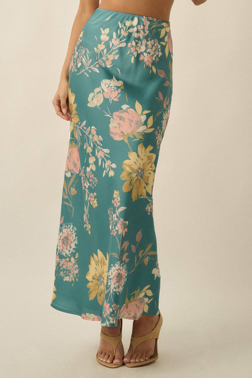 Textured Floral Maxi Skirt:Teal