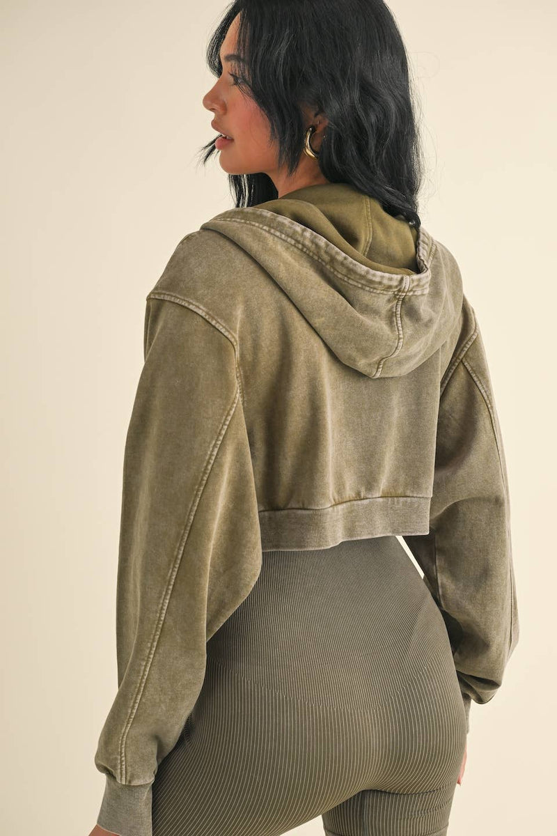 Mineral Wash Crop Hoodie Olive