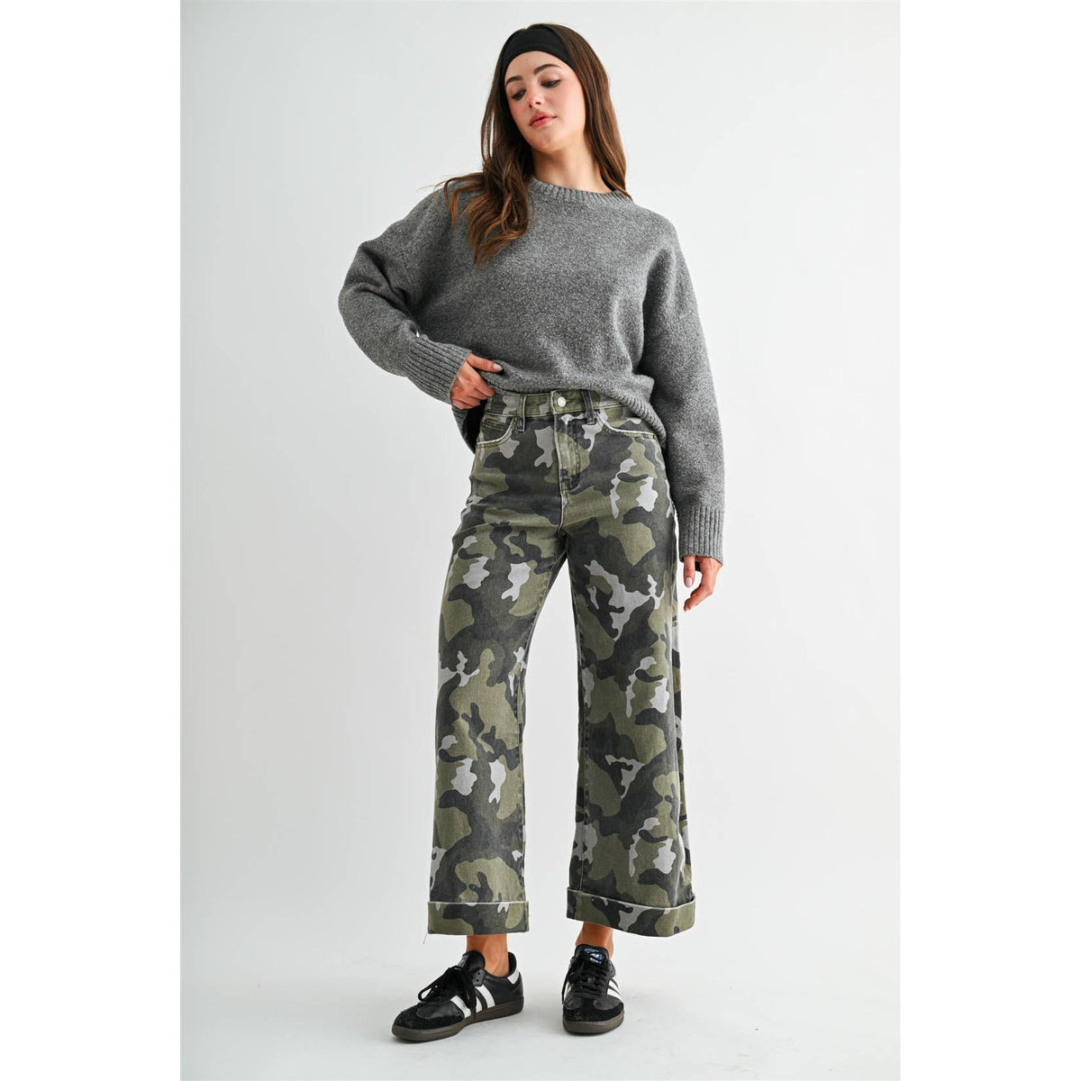 High Rise Wide Cuff Camo Denim