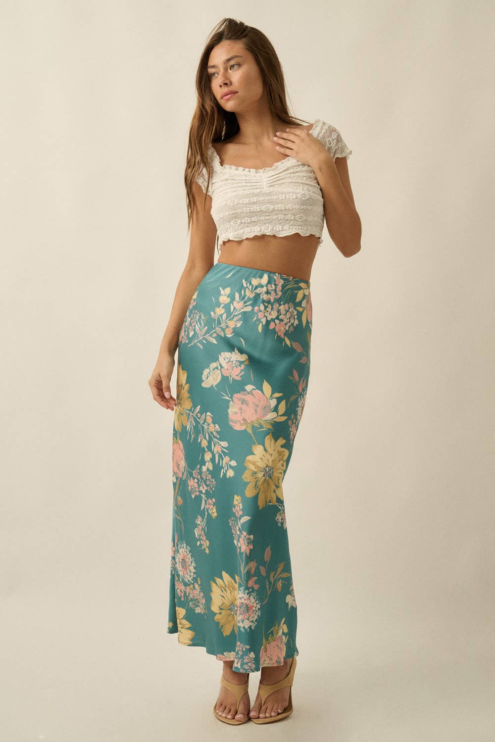Textured Floral Maxi Skirt:Teal