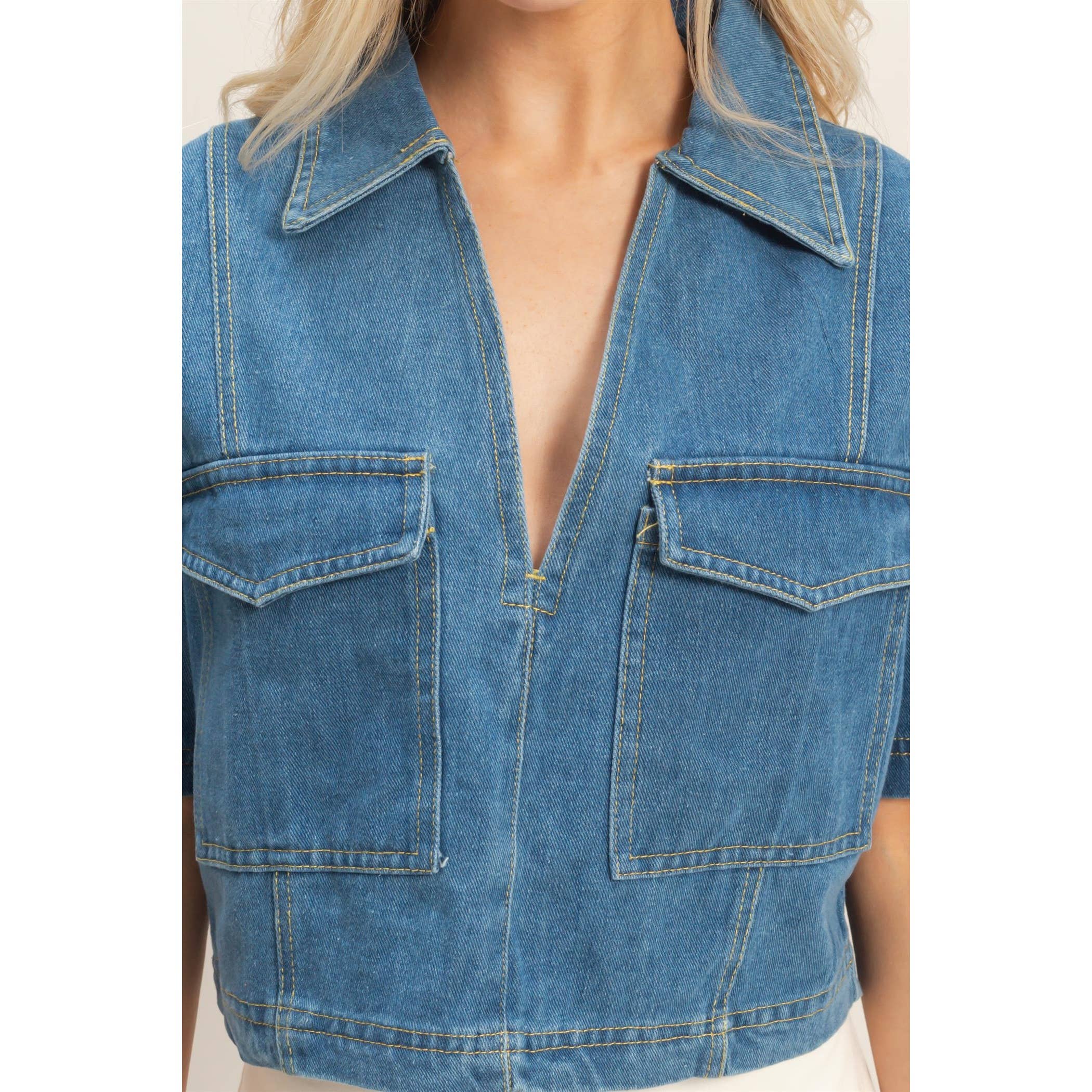 Denim V-Neck Cropped Top:
