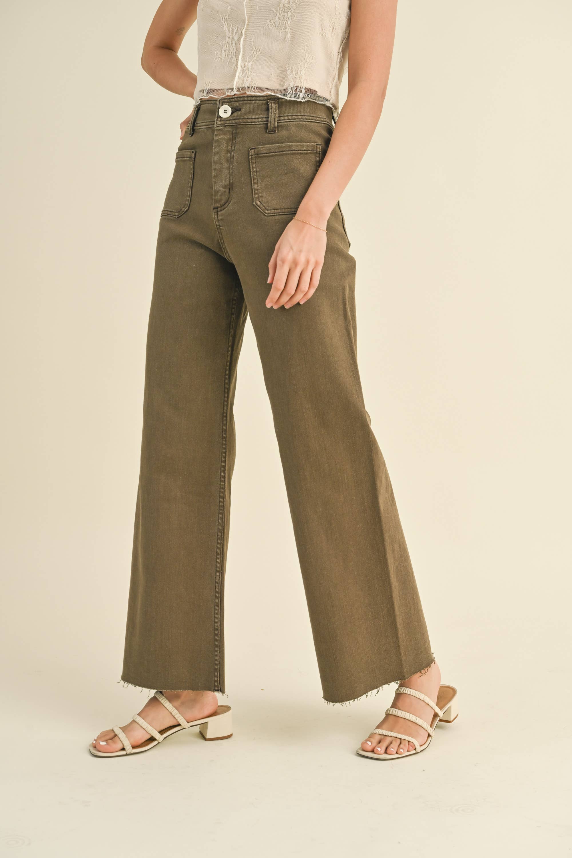 Wide Leg Pants W/Front Pocket: Brown