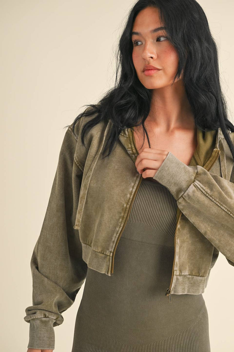Mineral Wash Crop Hoodie Olive