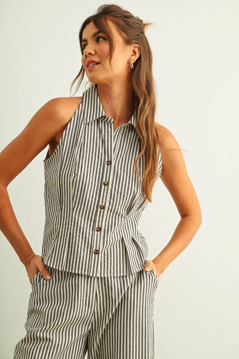 Striped Collard Blouse: Brown