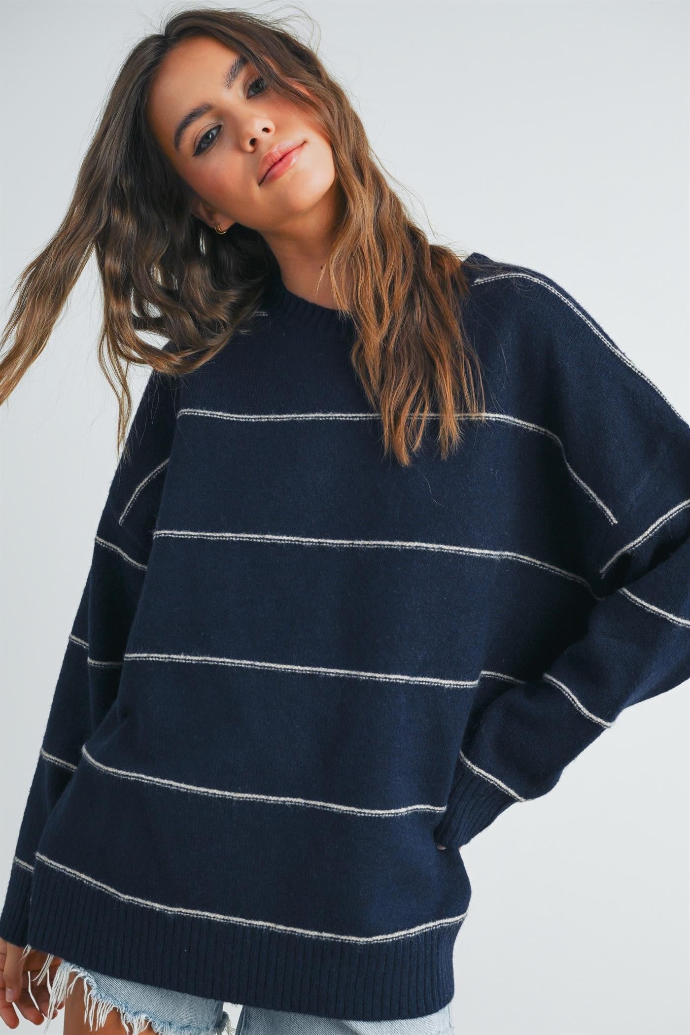Striped Drop Shoulder Sweater: Navy