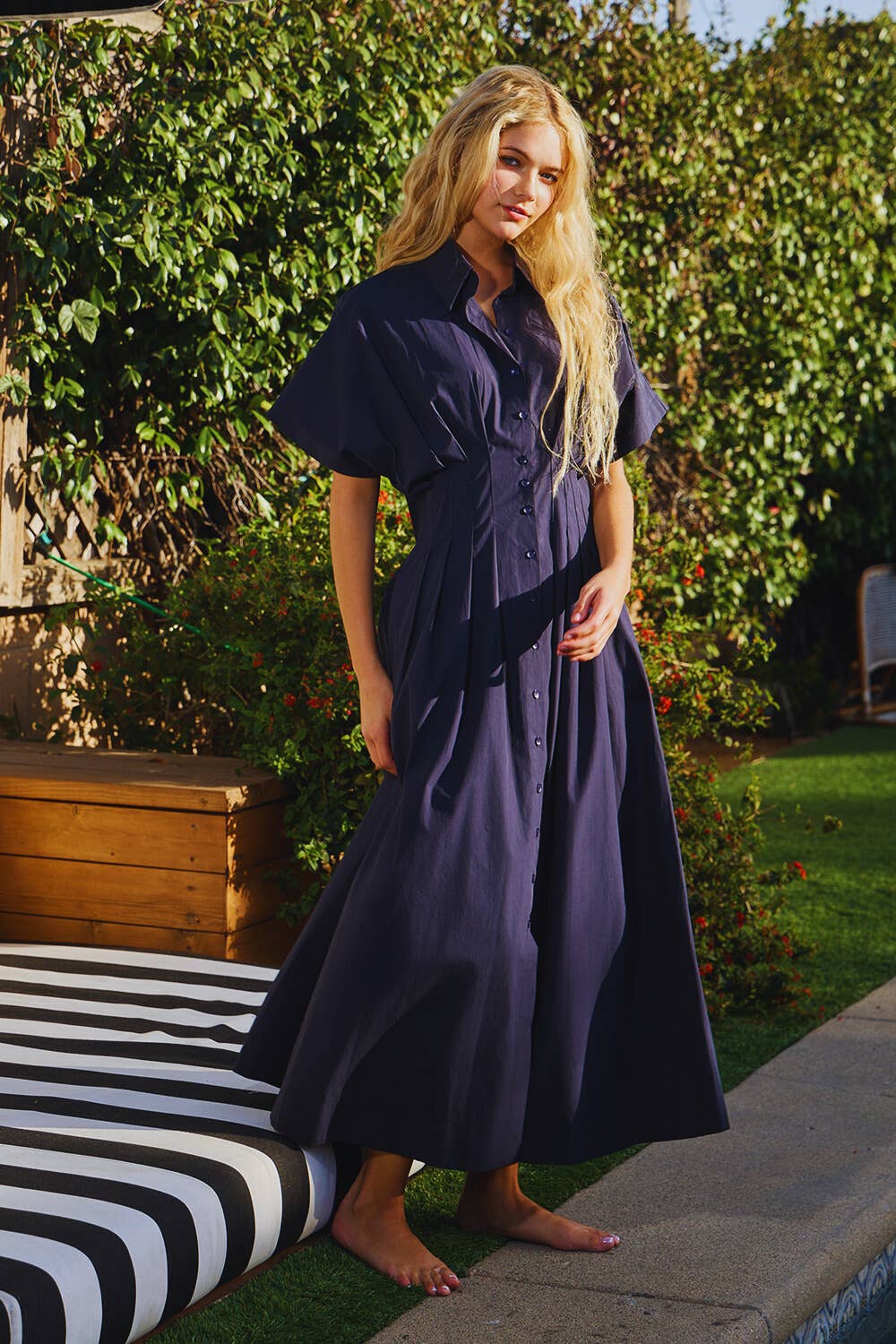Poplin Pleated Midi Dress: Navy
