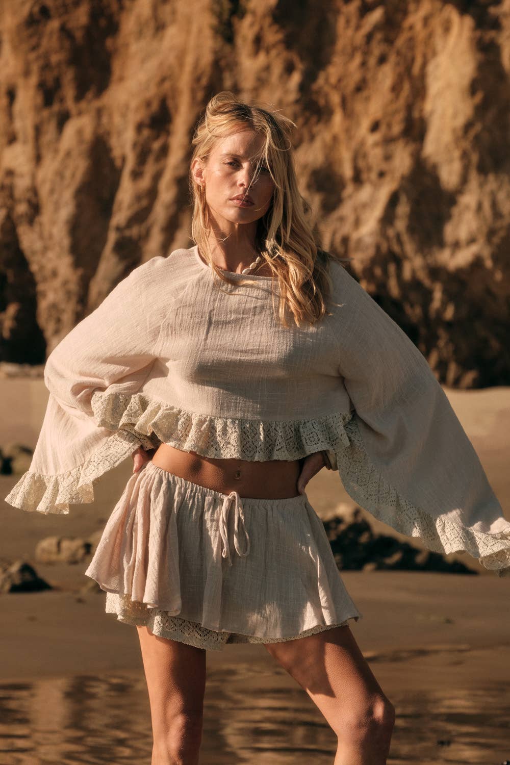 Crochet Lace Ruffle Top: Natural