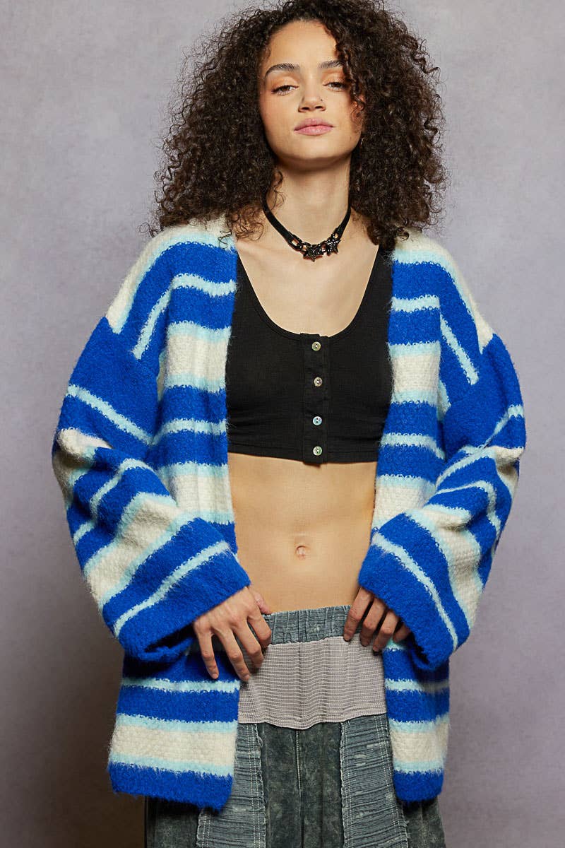Mohair Contrast Cardigan: Ivory/Blue