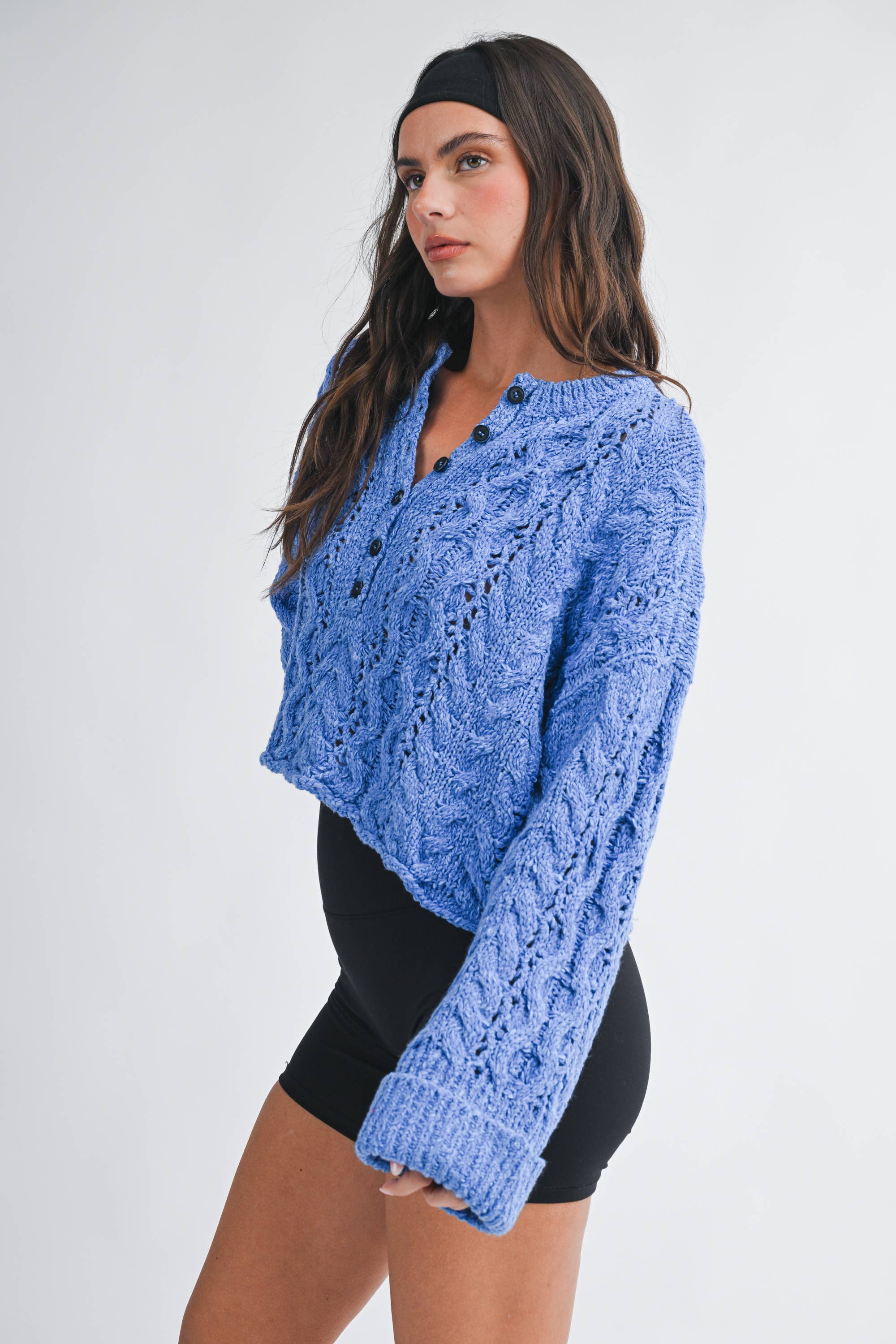 Textured Henley Knit Sweater: Blue