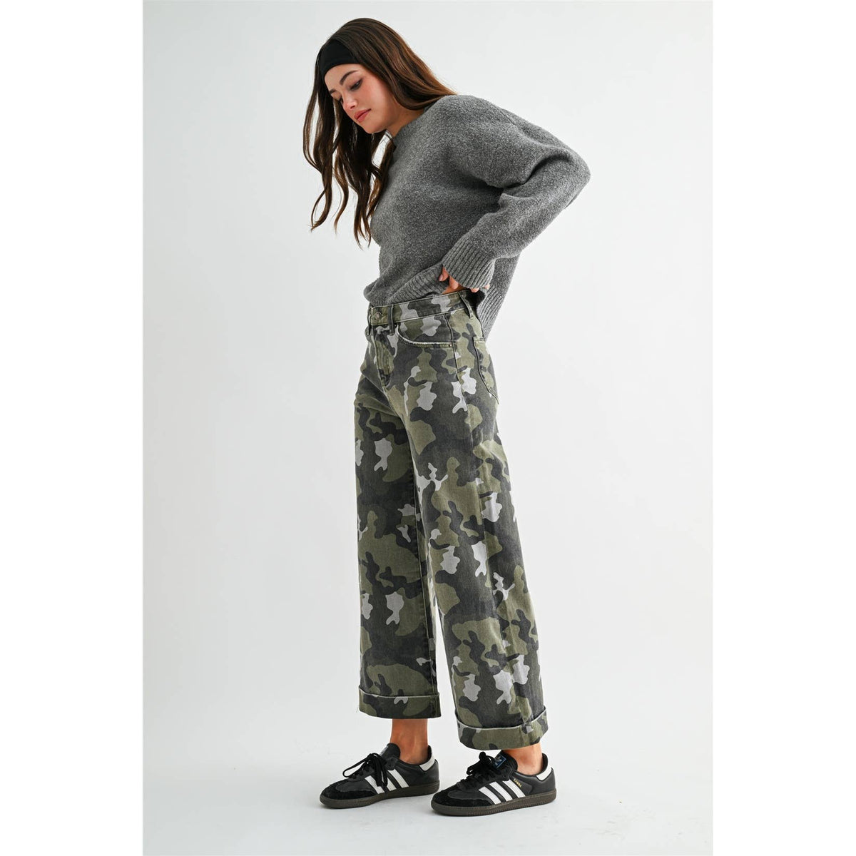 High Rise Wide Cuff Camo Denim