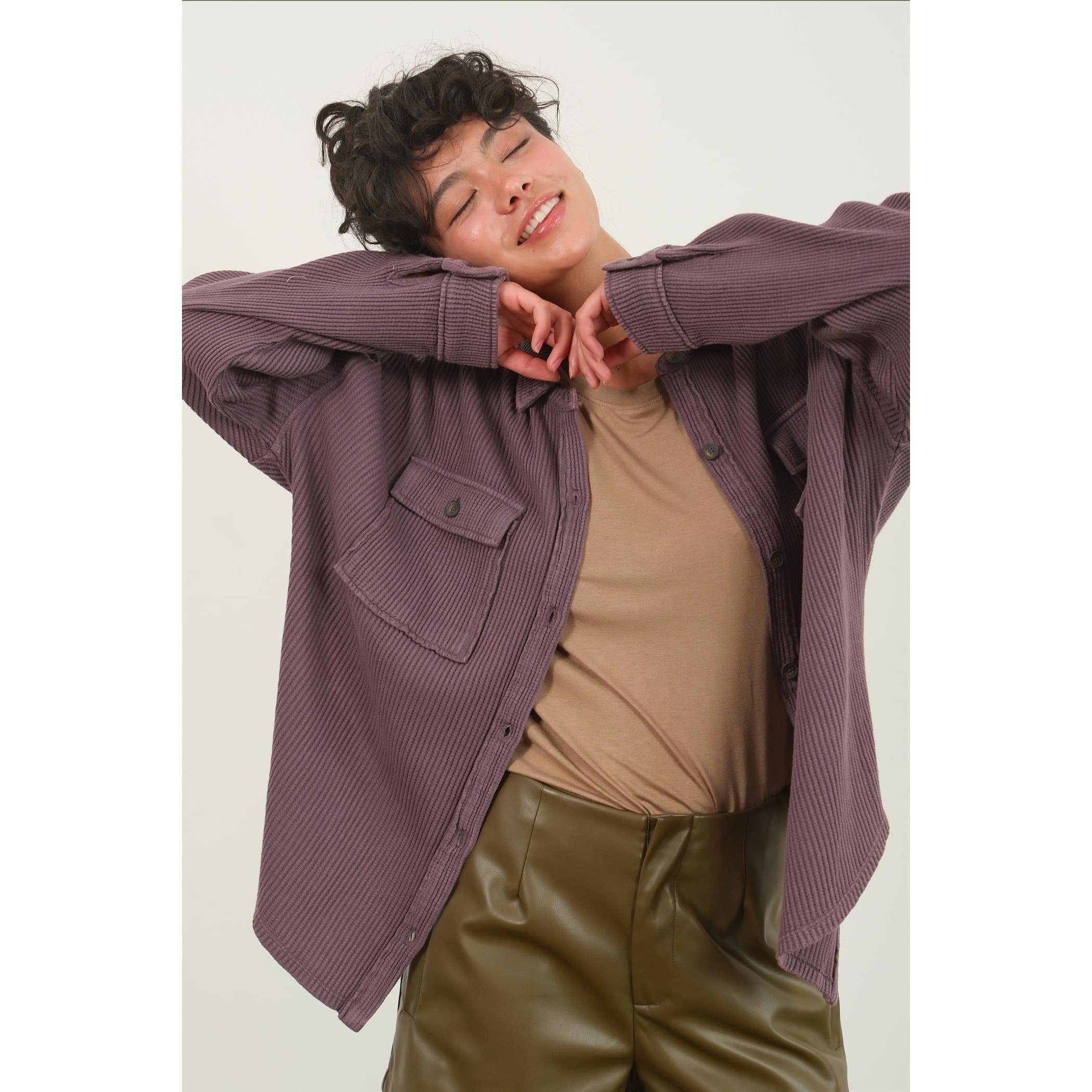 Waffle Shacket: Gray Blue