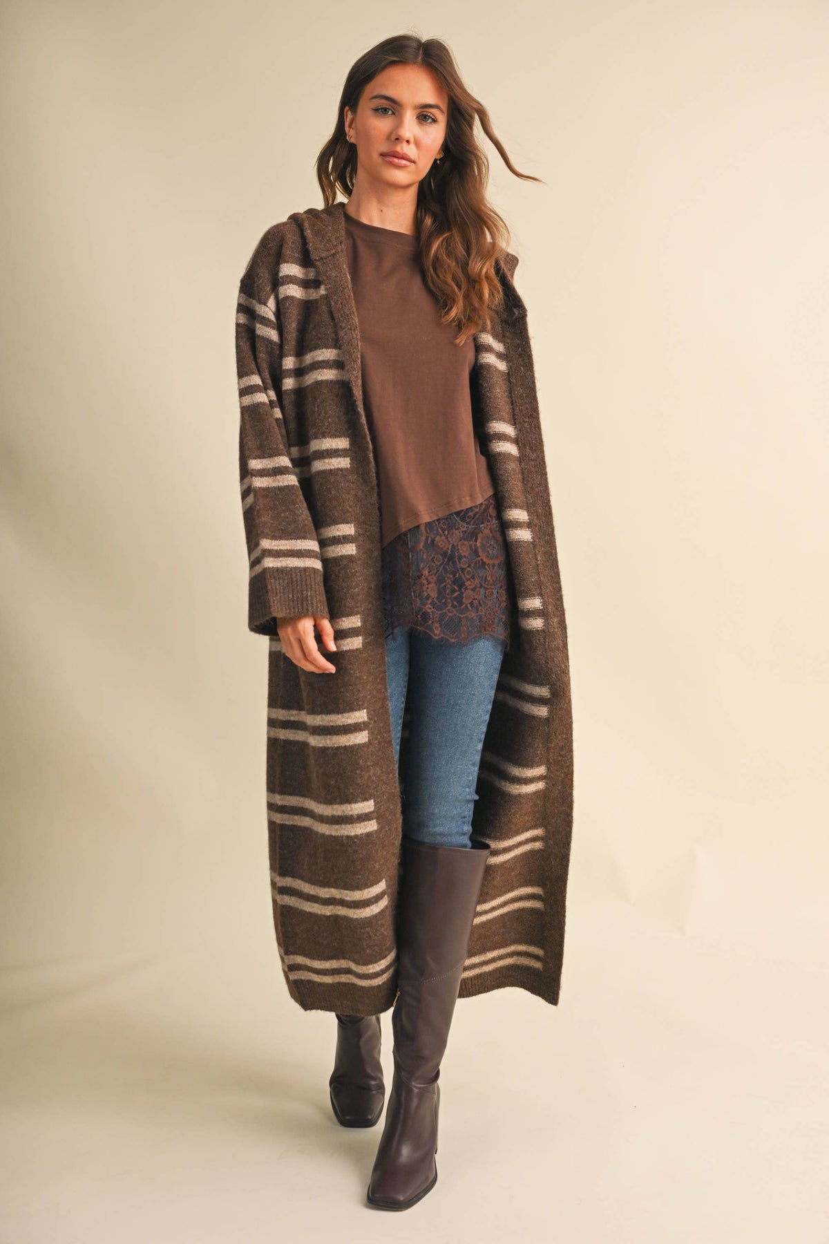 Striped Long Sweater Cardigan: Brown