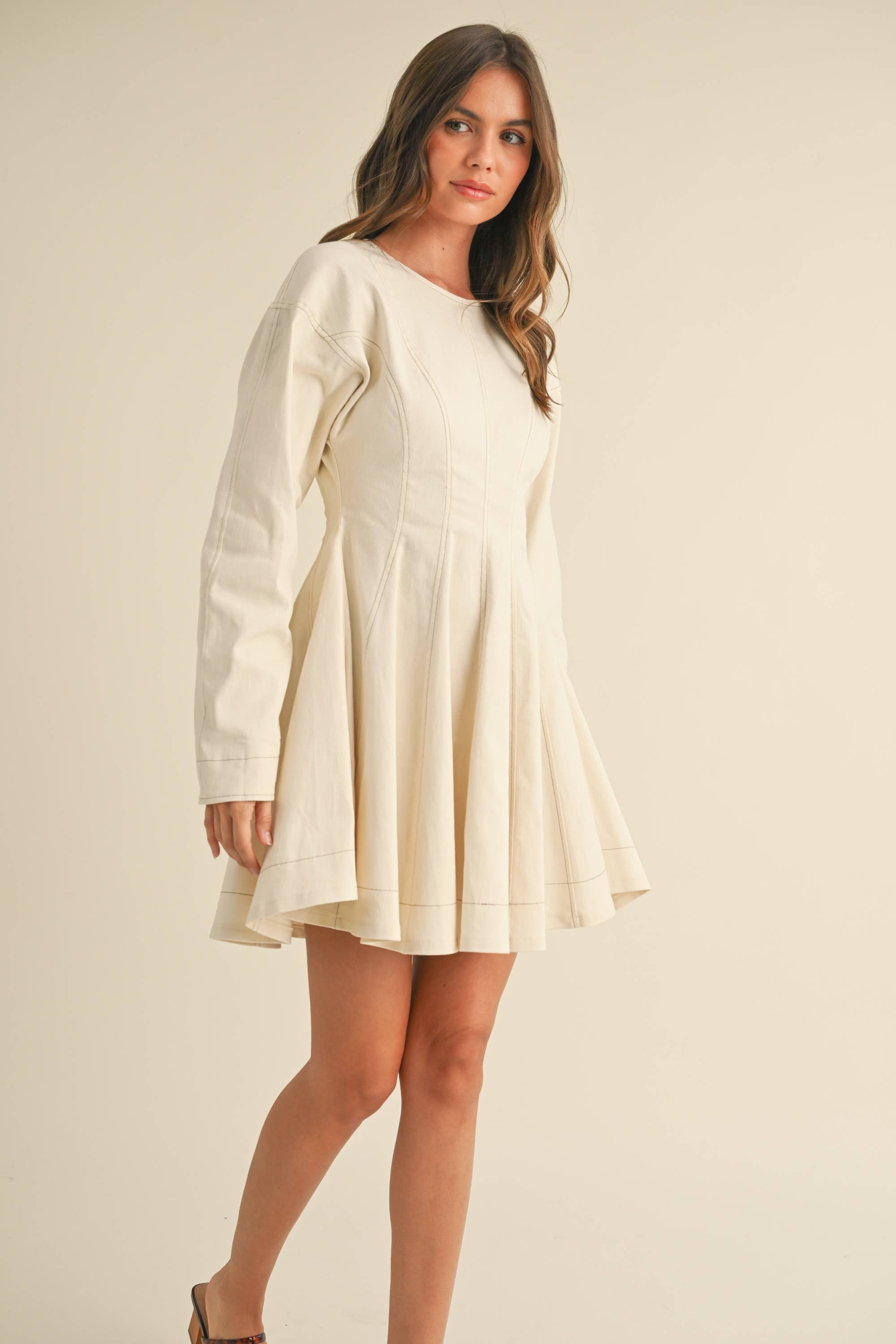 Flared Denim Mini Dress: Cream