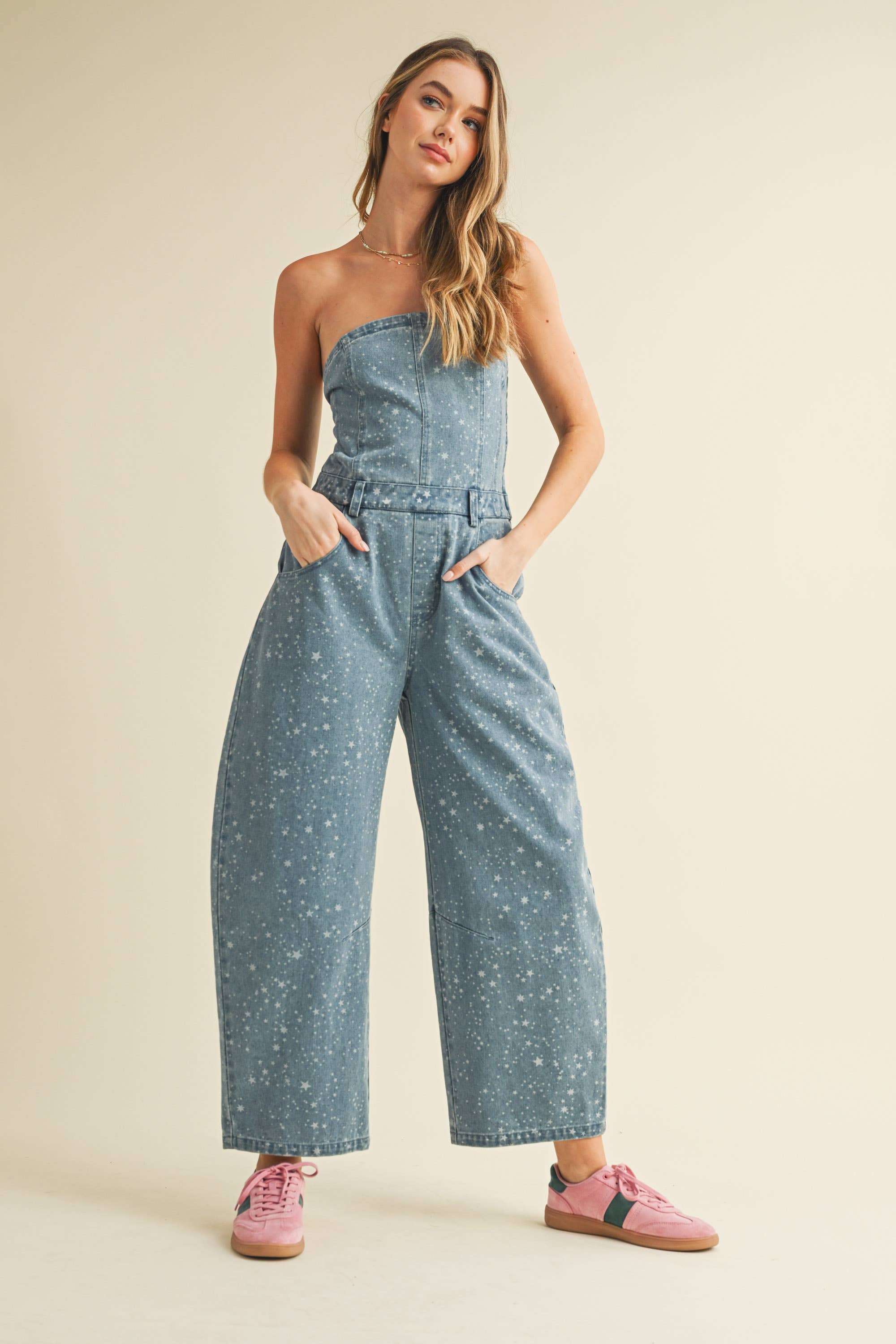 Star Print Barrel Jumpsuit: Denim