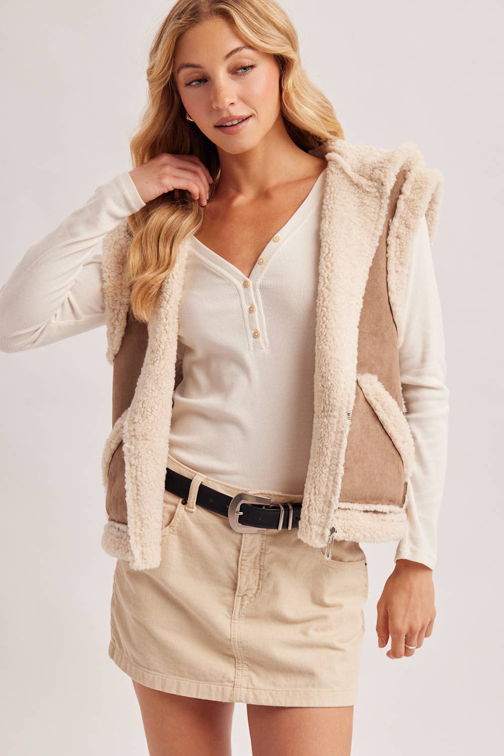 Suede Hooded Vest: Mushroom