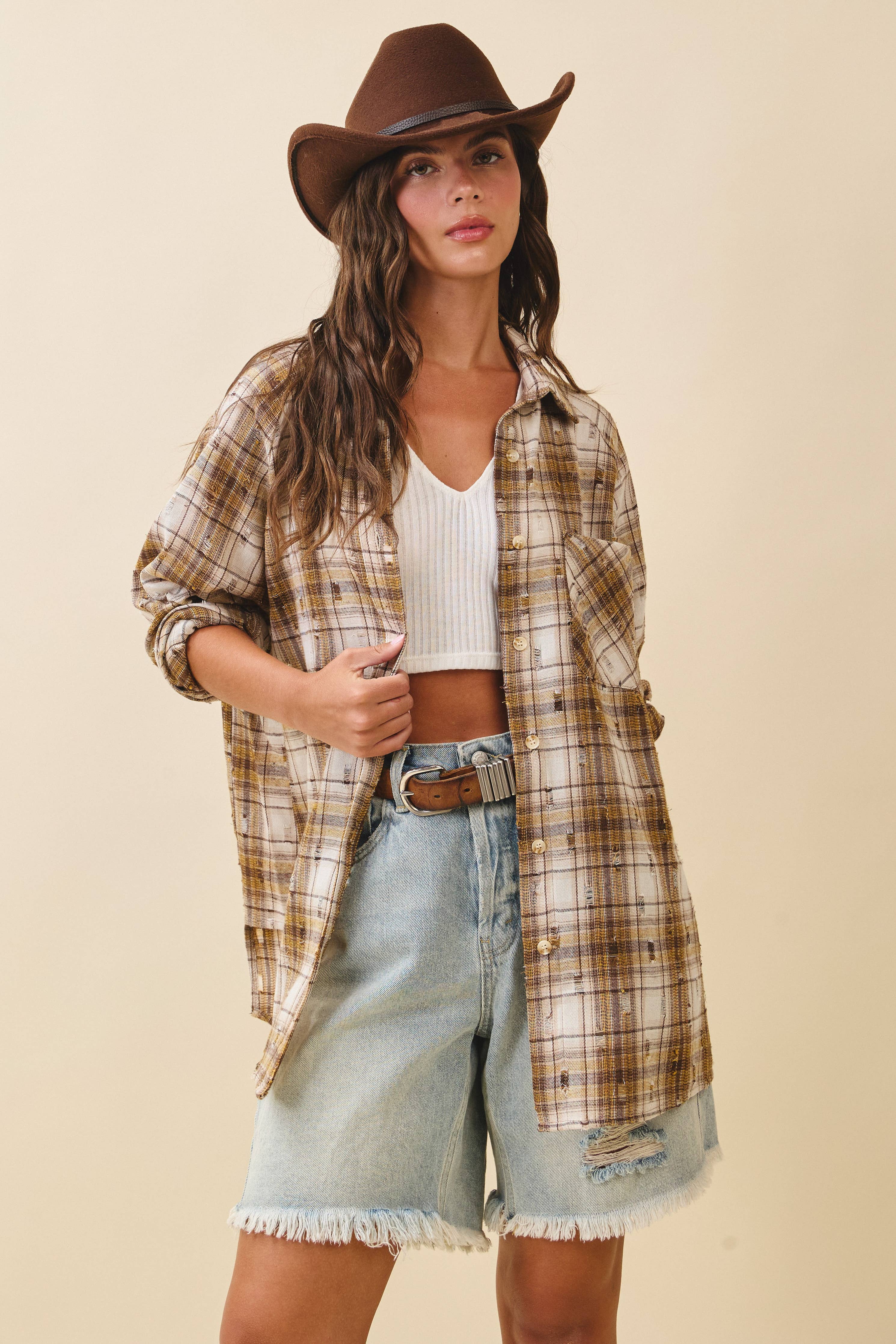 Plaid Button-Down Shirt: Brown