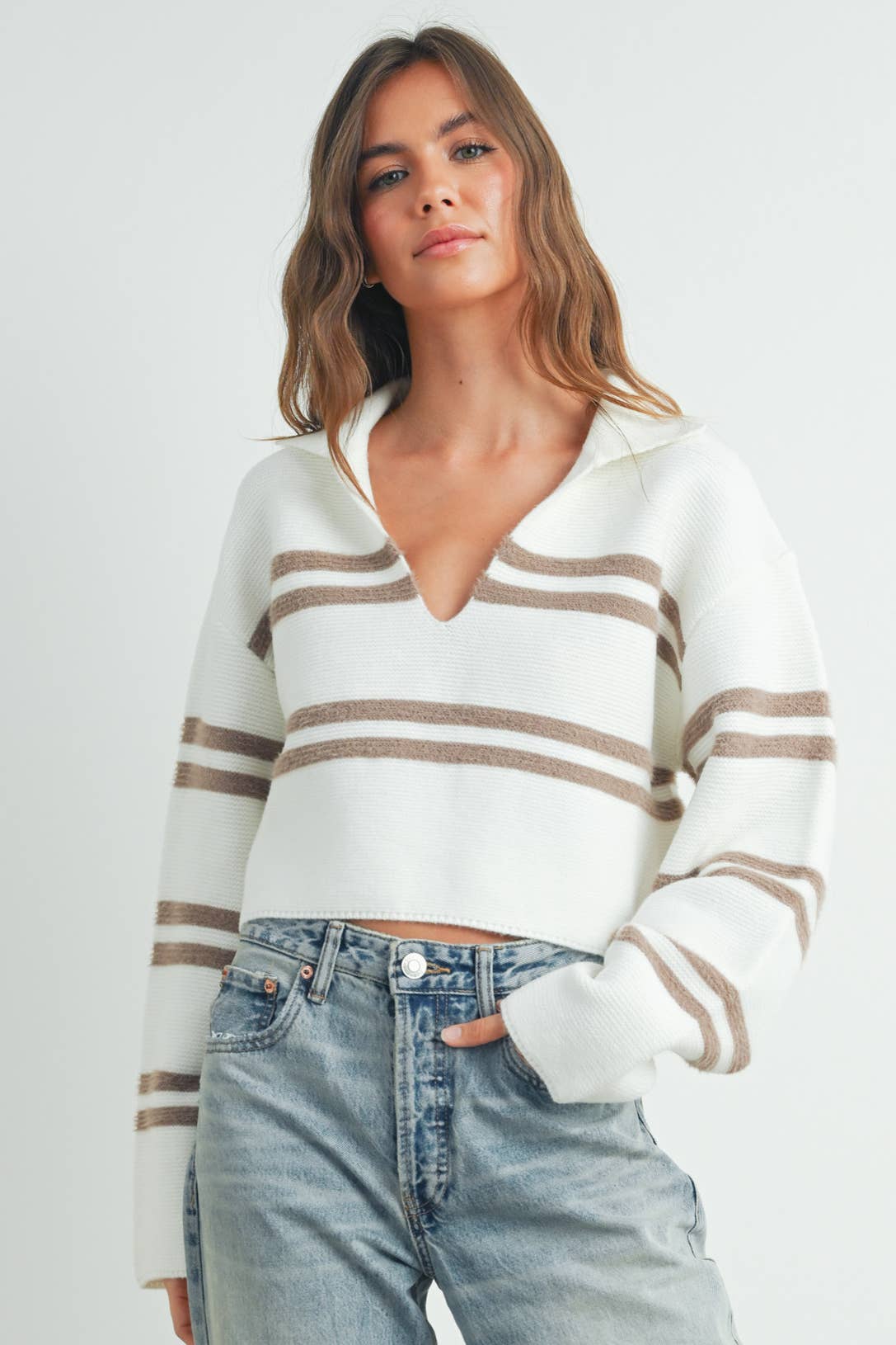 Stripe Crop Sweater-Taupe