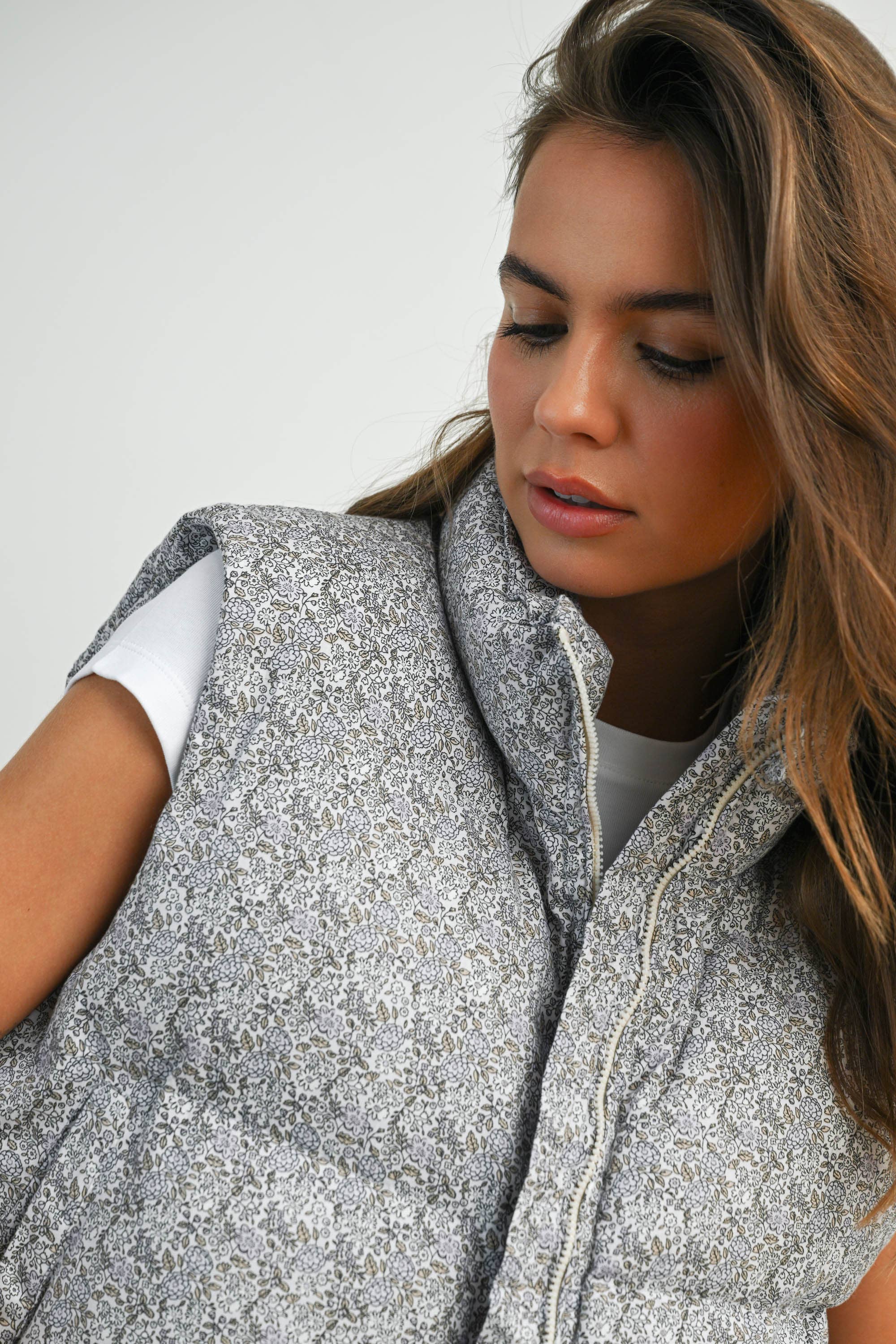 Floral Puffer Vest:Lavender