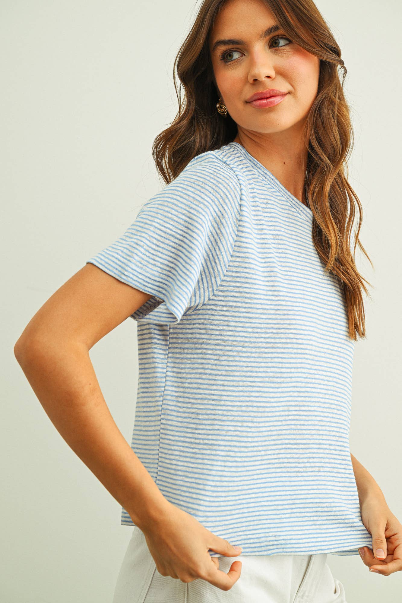 Stripe Slub Short Sleeve Top: Blue