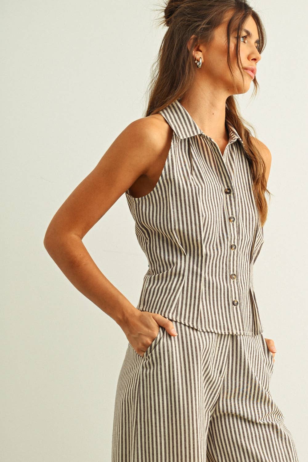Striped Collard Blouse: Brown