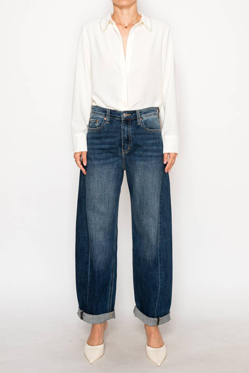 High Rise Dark Barrel Jeans: