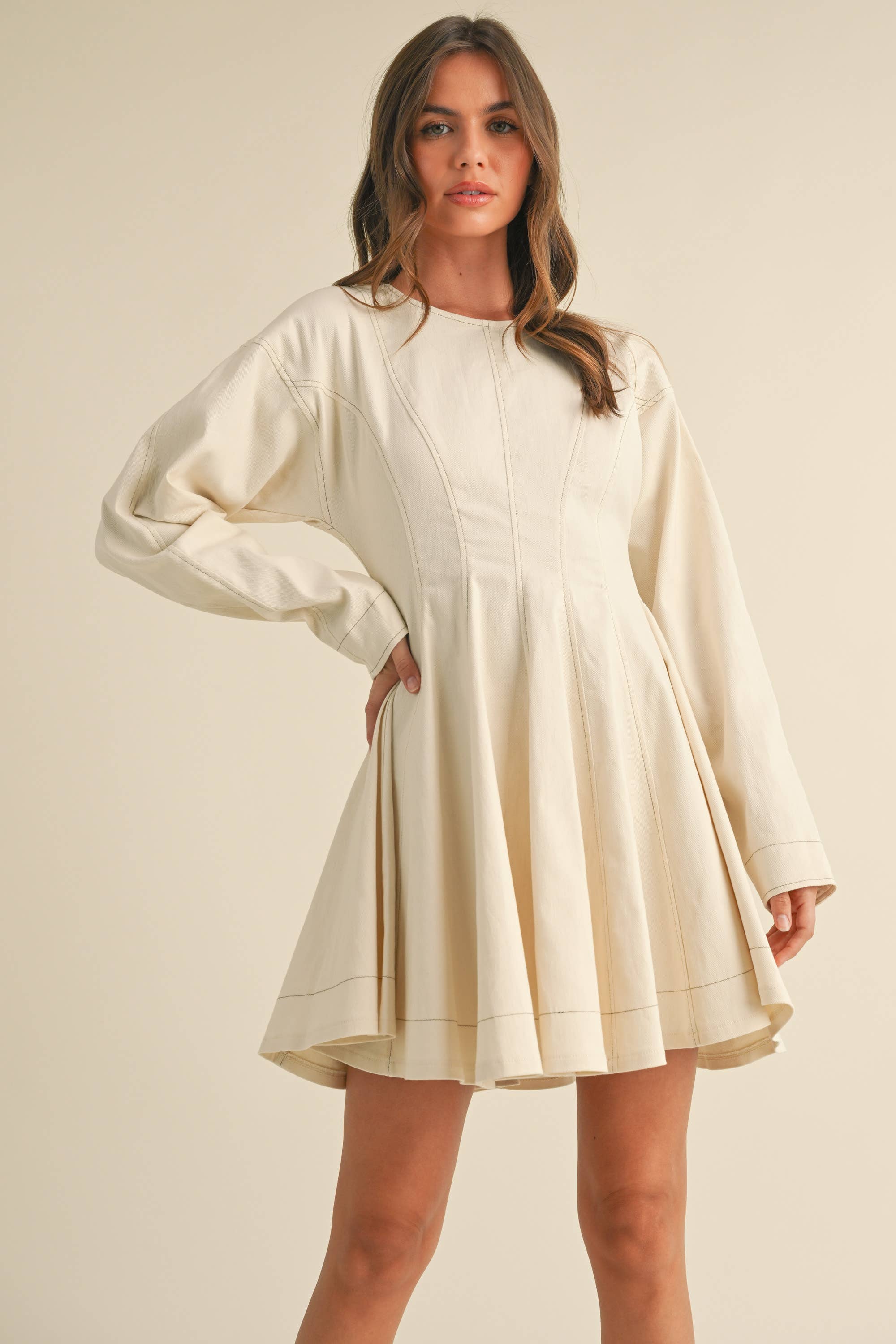 Flared Denim Mini Dress: Cream