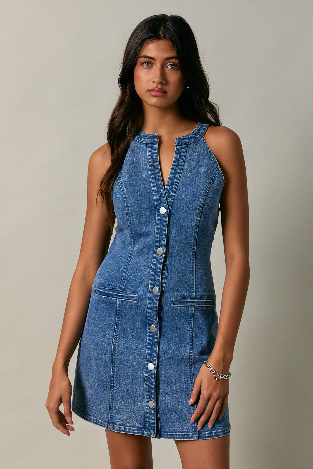 Halter Neck Denim Mini Dress: