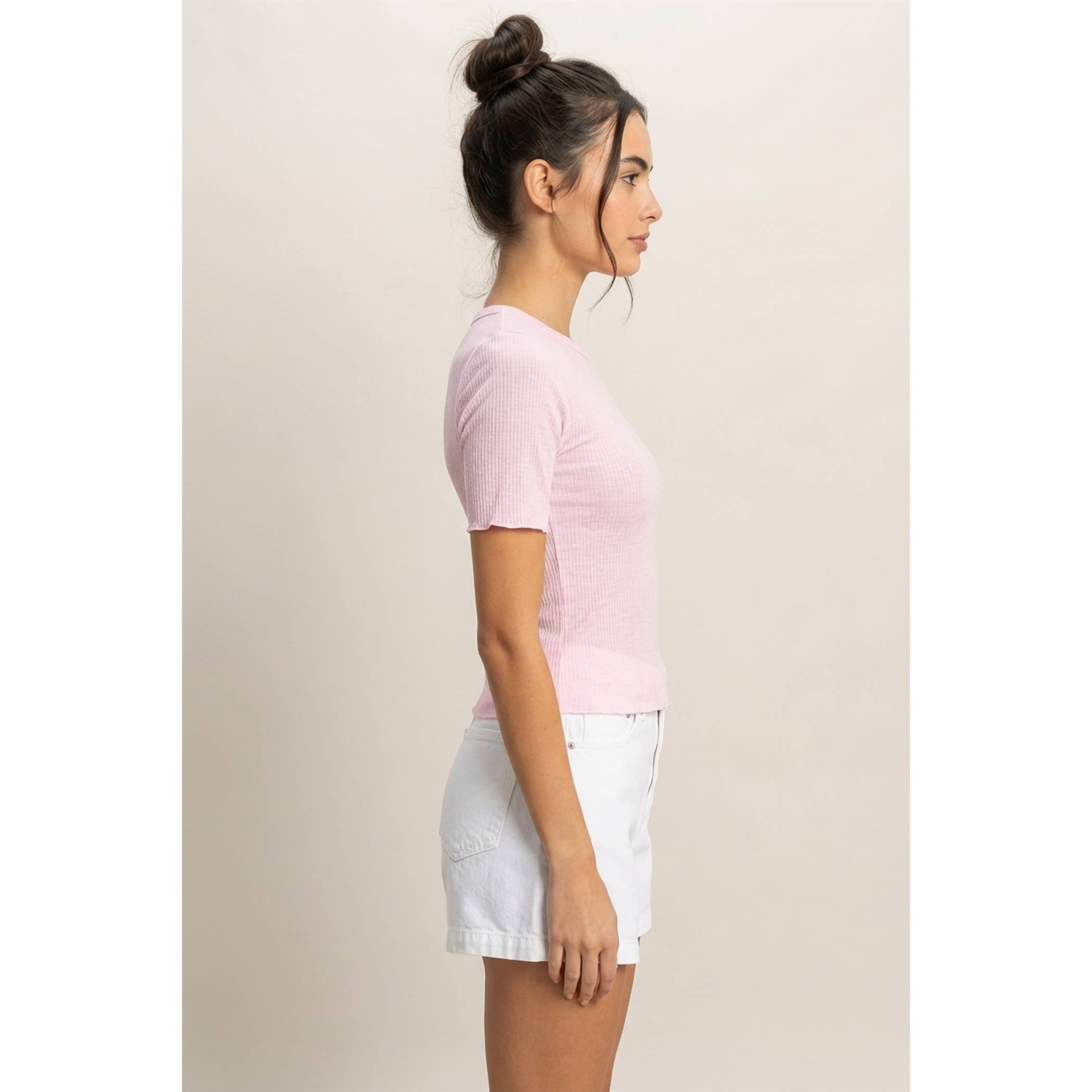 Ribbed Short Sleeve Top: Pink