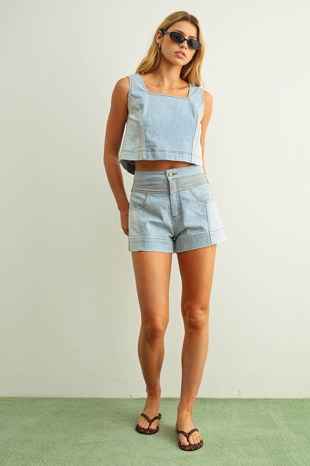 Denim Color Blocked Top: