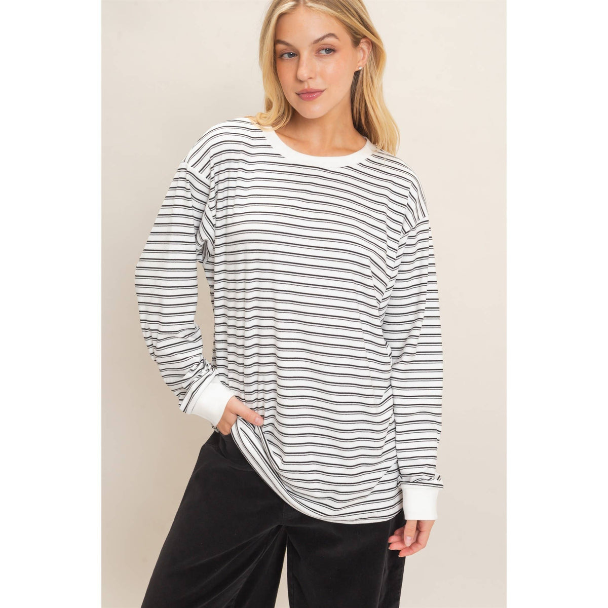 Striped Crew Neck Top: White