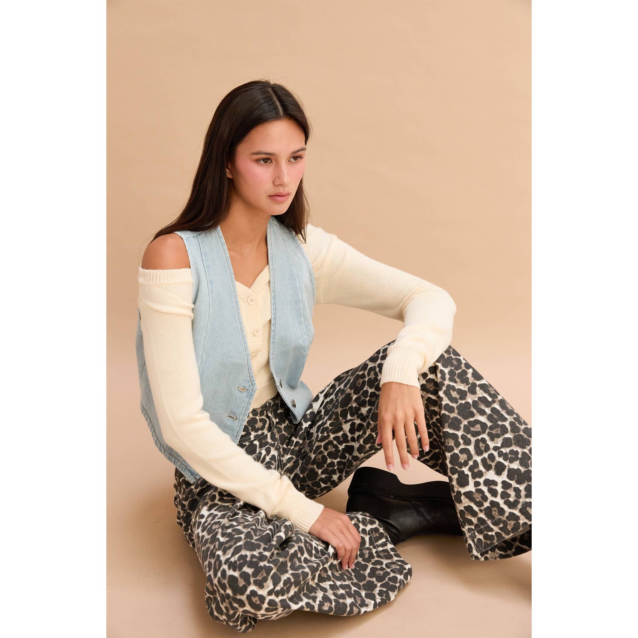 Leopard Print Denim Pants:Cream