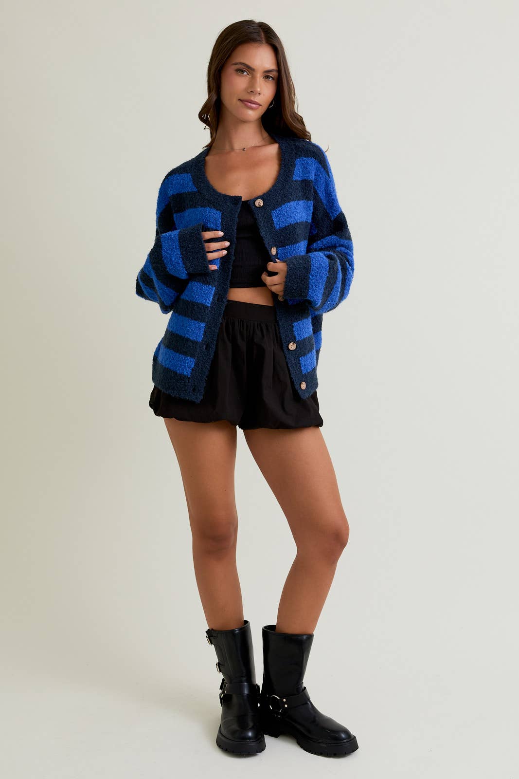 Fuzzy Boucle Cardigan: Blue-Navy