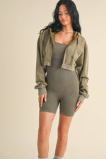Mineral Wash Crop Hoodie Olive