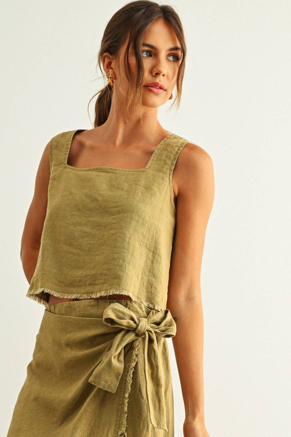 Square Neck Raw Hem Top: Brown