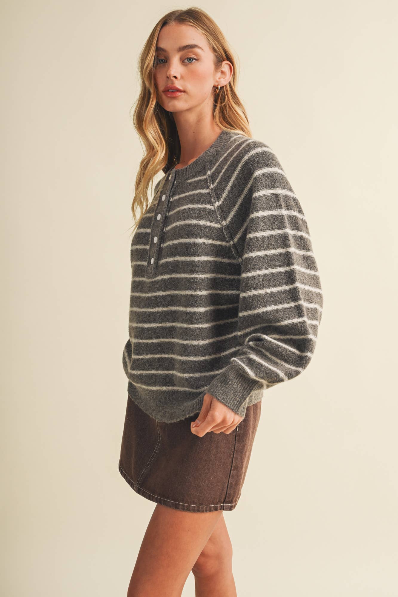 Placket Stripe Pullover: Brown