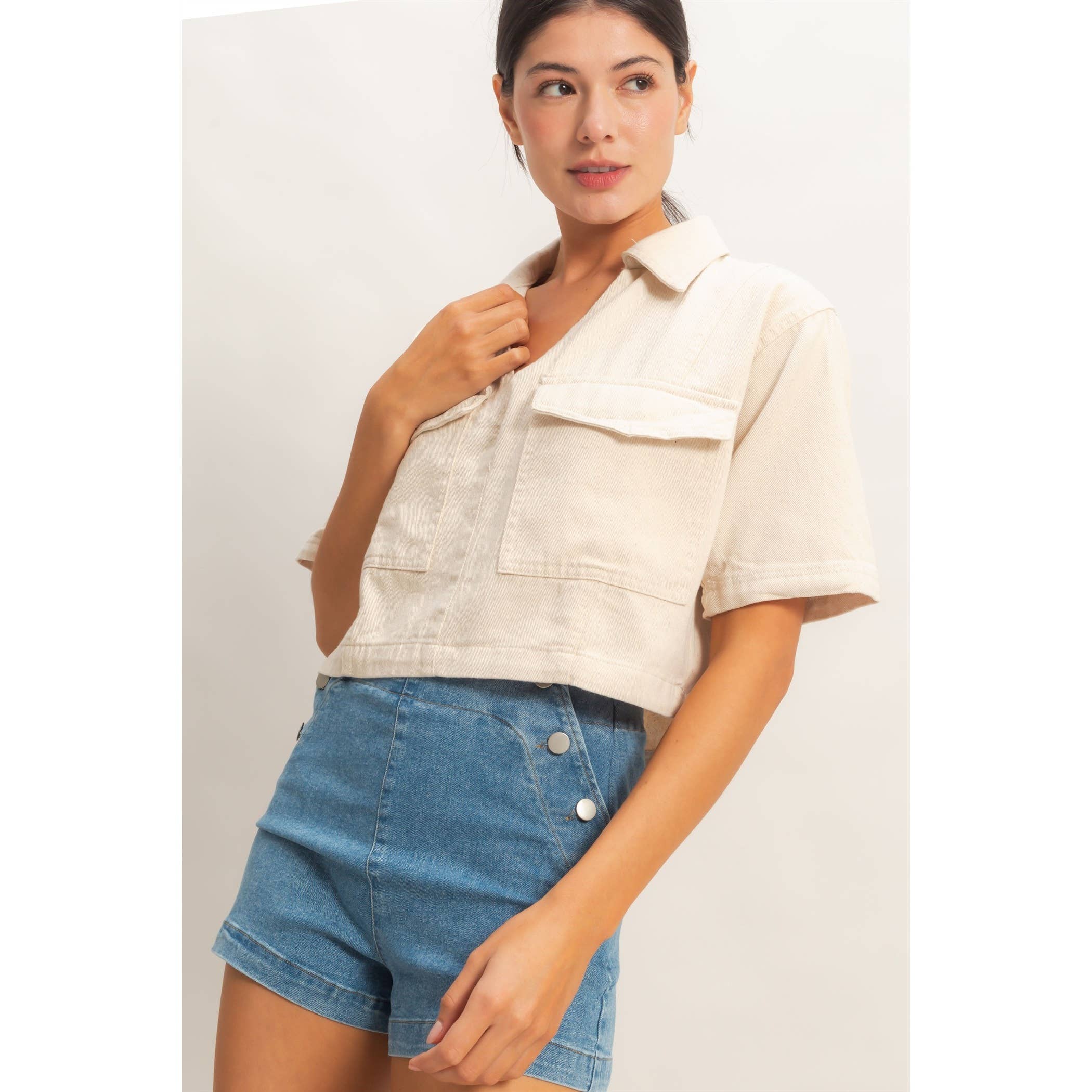 Collared V-Neck Top: Oatmeal