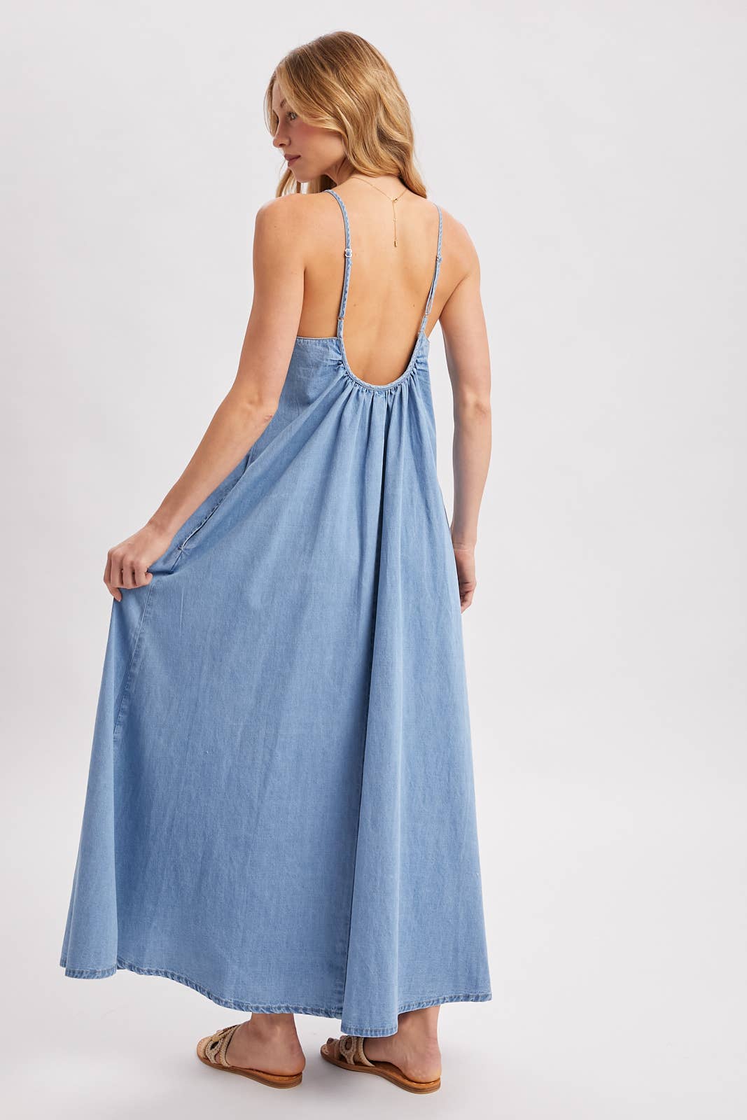 Denim Open Back Dress: Lt.Wash